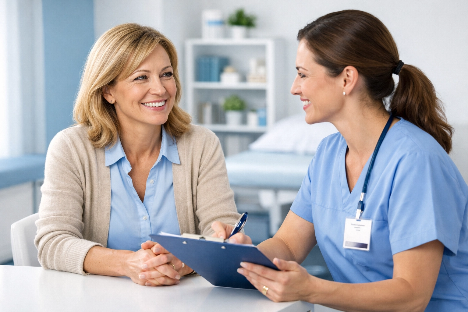 A relieved family caregiver receiving professional support and guidance from a care manager in Fauquier County.