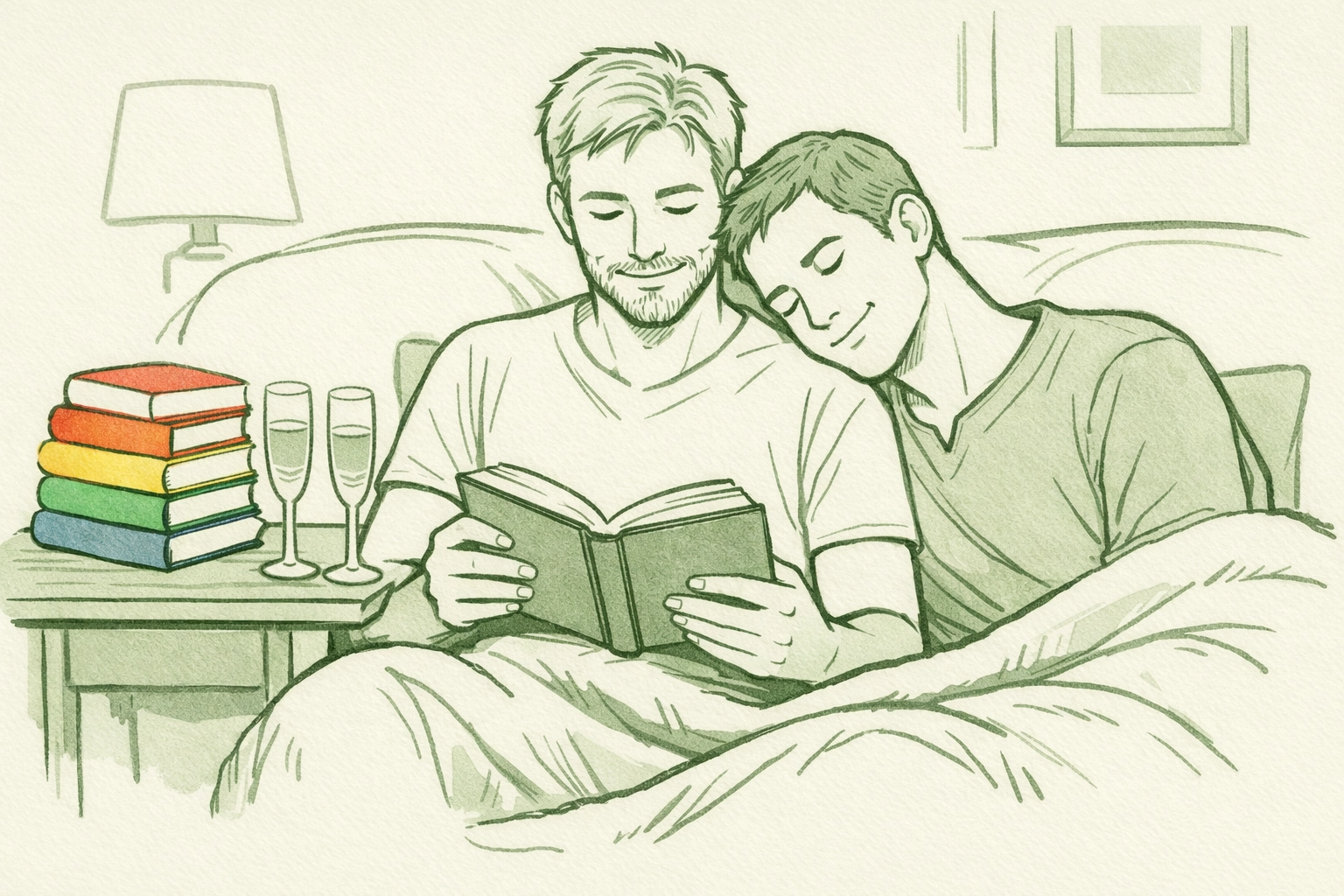 Gay couple reading MM romance books together with champagne glasses nearby