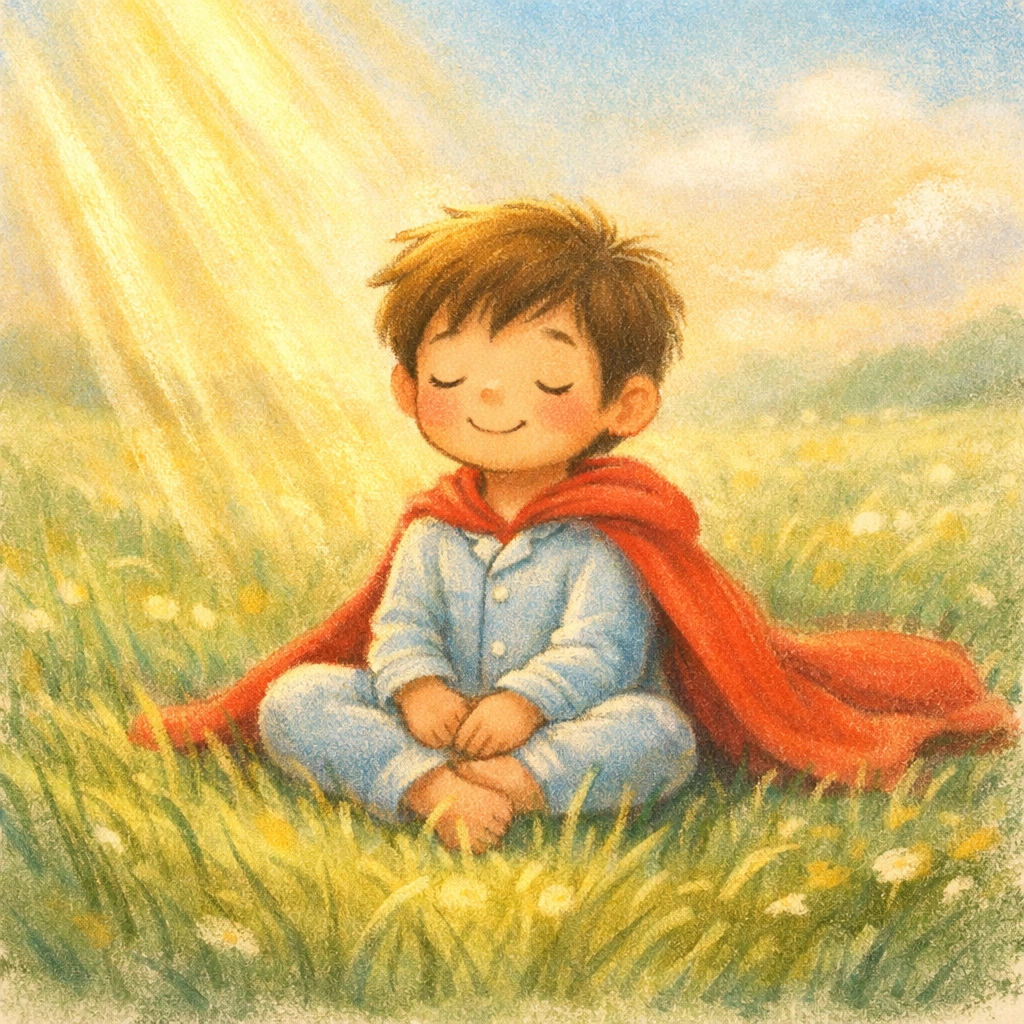 A young boy in pajamas and a cape finds peace and quiet prayer in a sunny morning meadow.