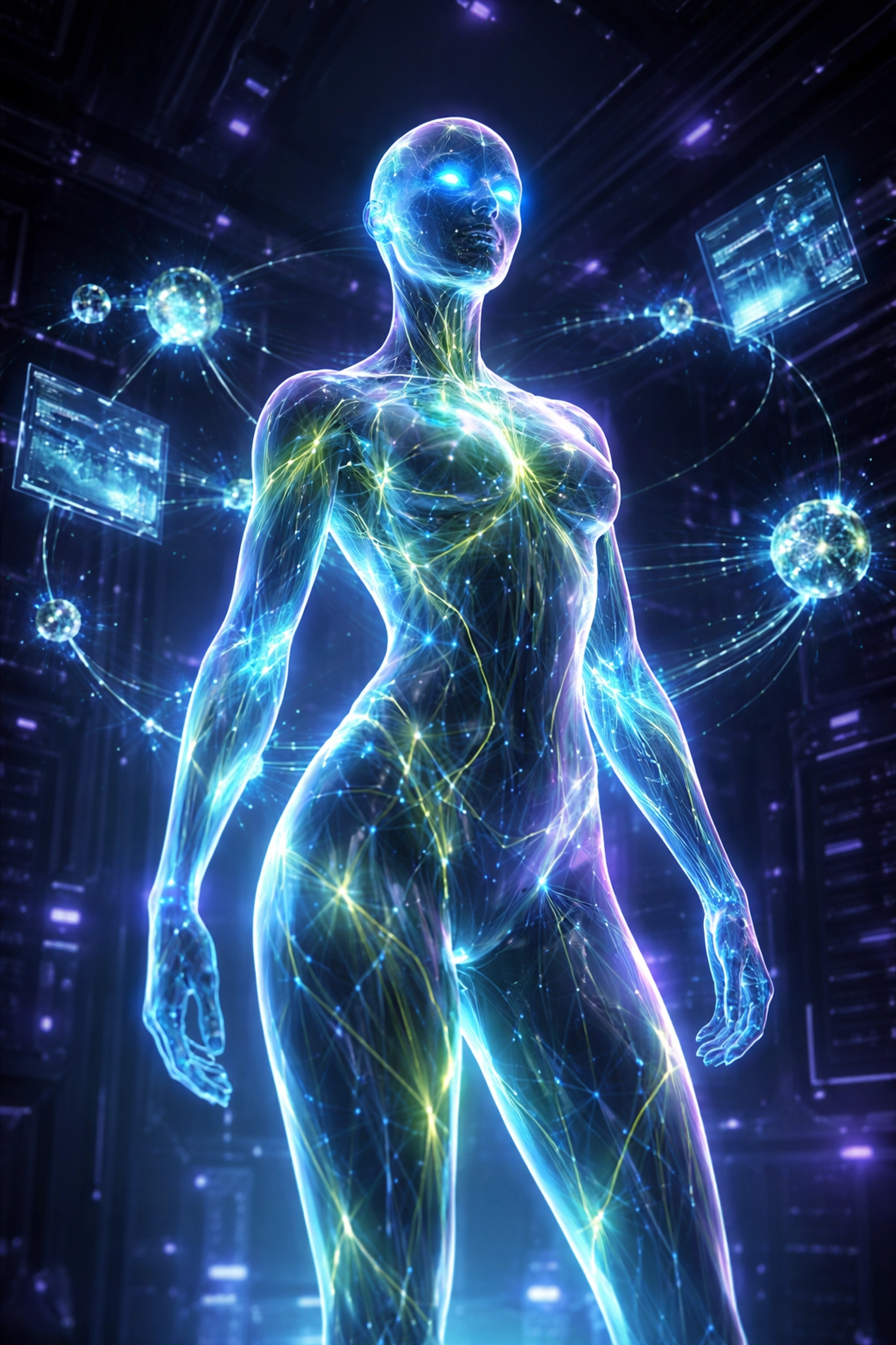 Digital art of a confident AI agent with glowing neural pathways, symbolizing adaptive autonomous AI for business.