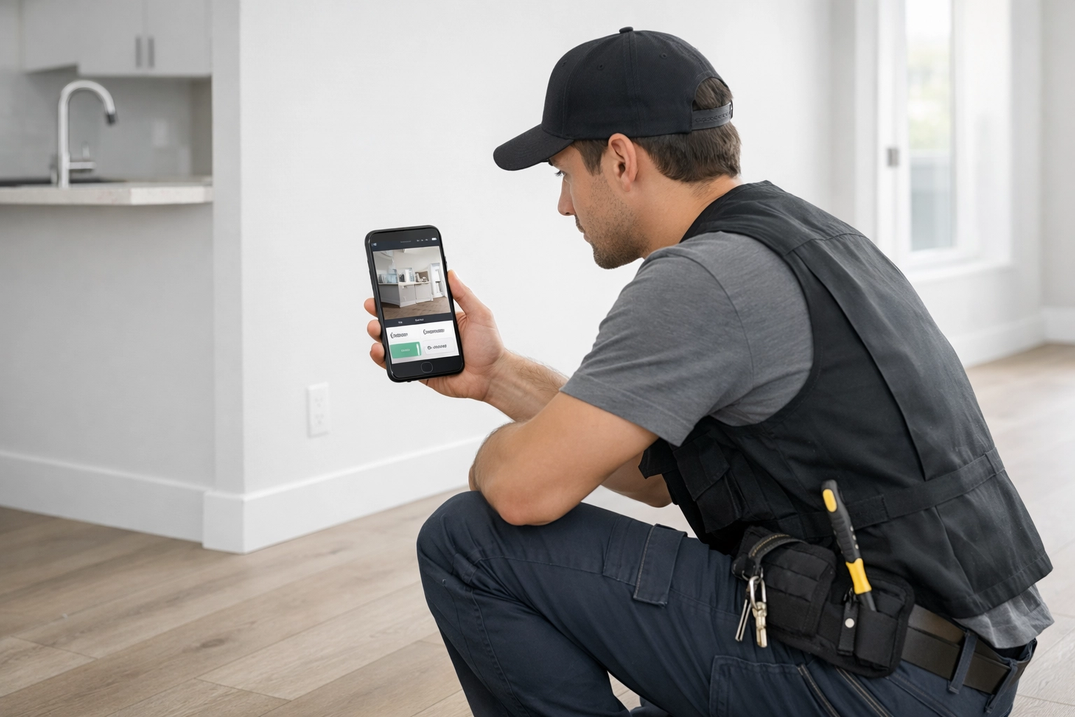 Maintenance tech using mobile app to document apartment flooring for faster turnovers