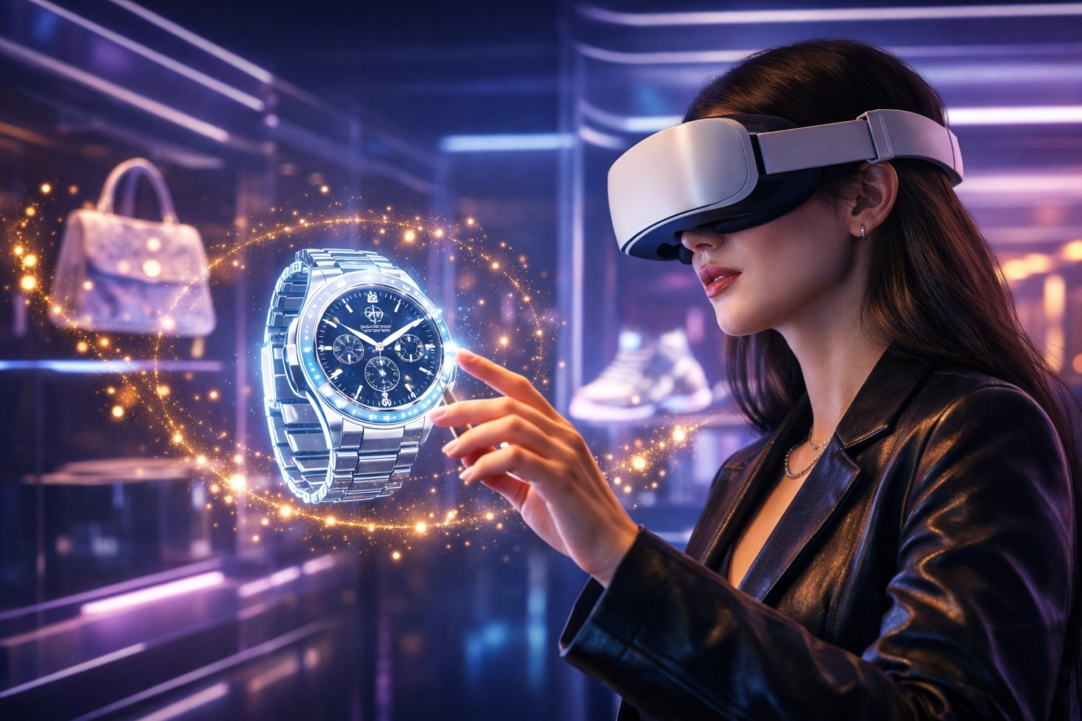 Immersive metaverse shopping experience with a VR headset and holographic product displays for Web3 retail.