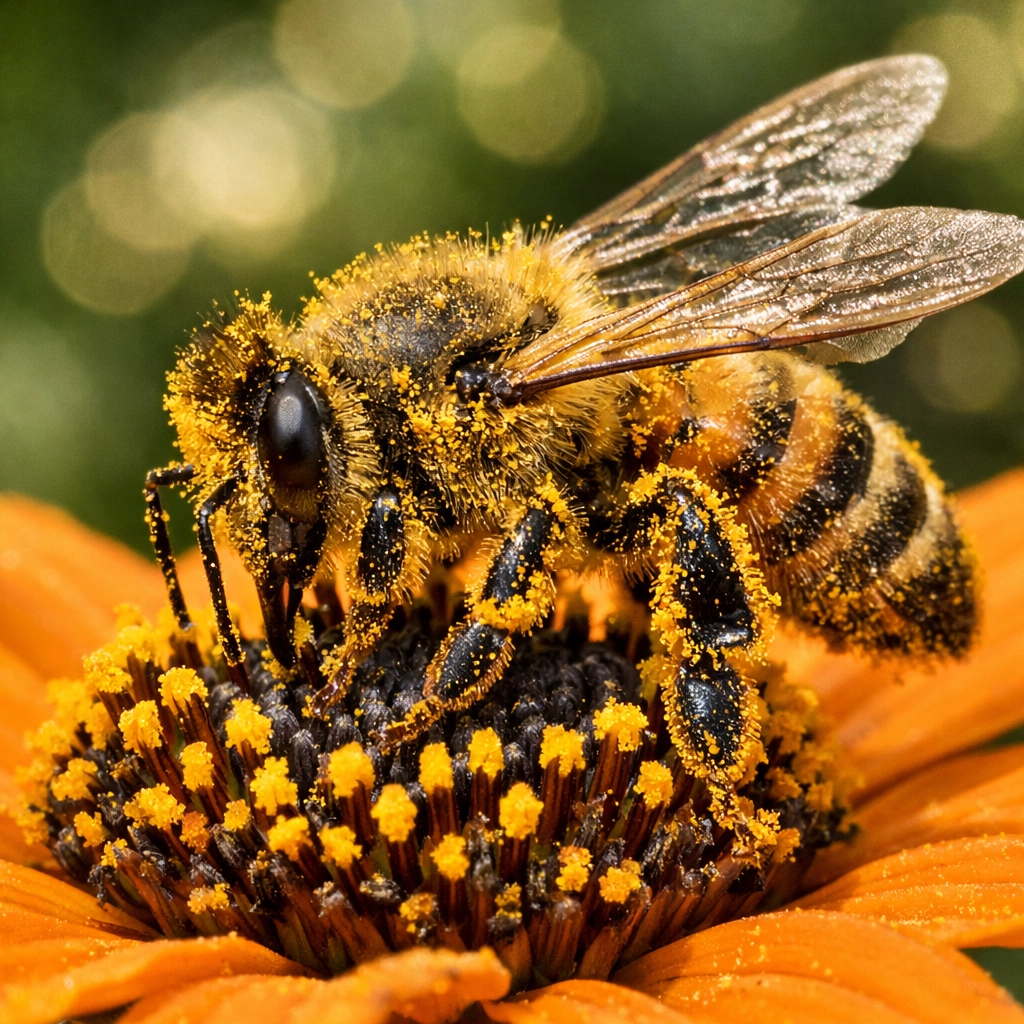 Detailed macro photo of a honeybee on a flower from a photography tutorial on technical precision.