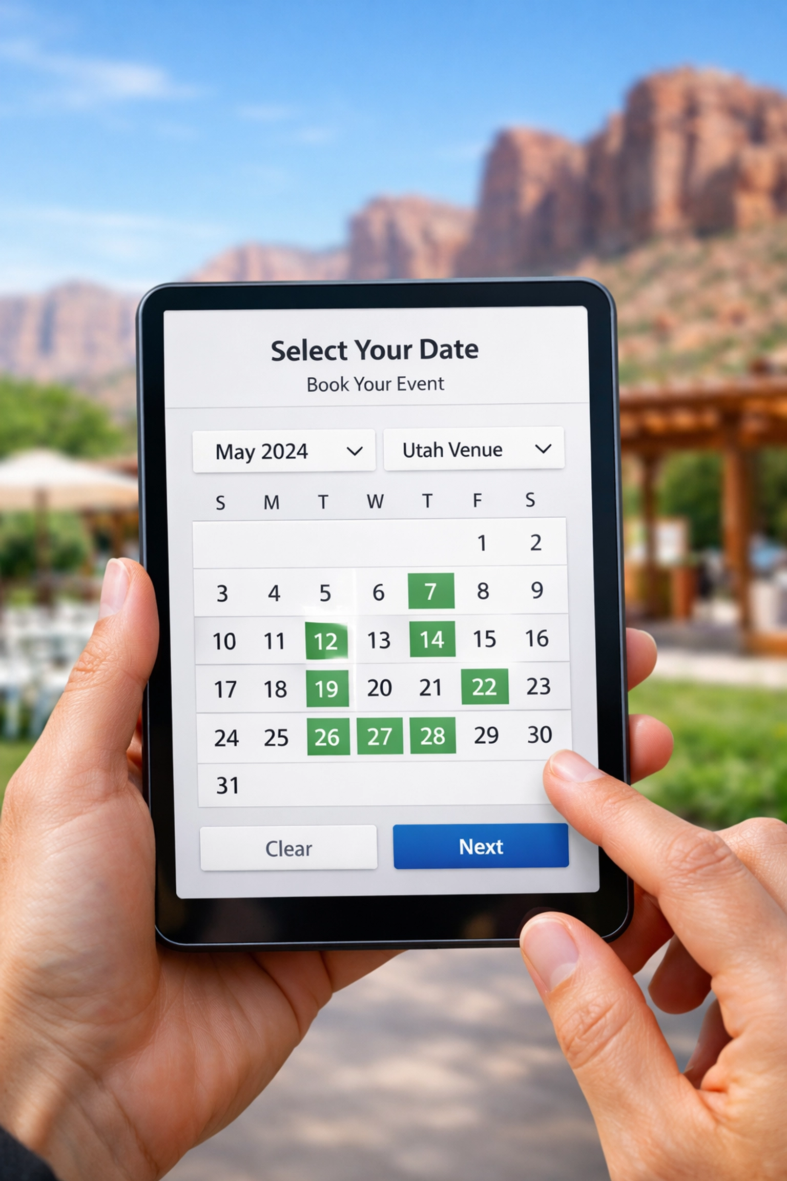 Mobile food truck booking calendar showing available dates in Utah