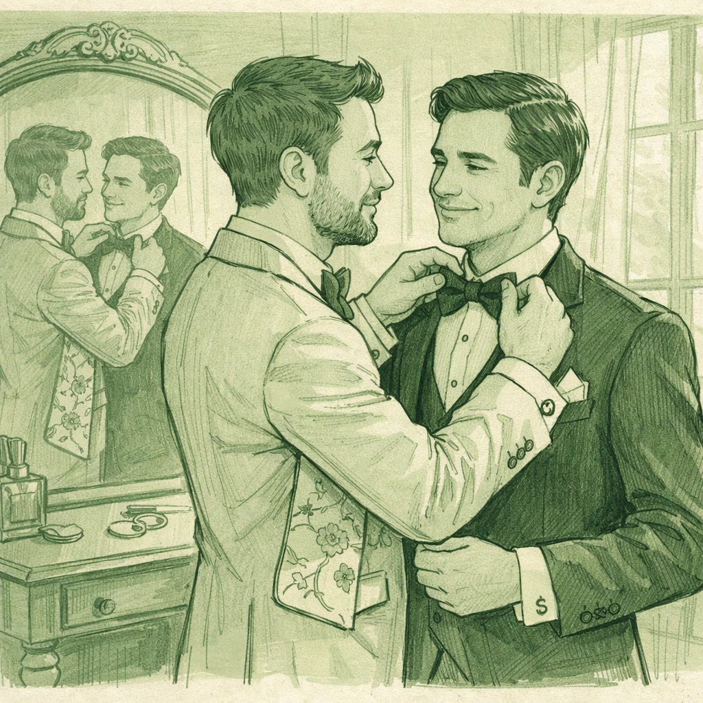 Two grooms getting ready together, adjusting bow ties before their gay wedding celebration