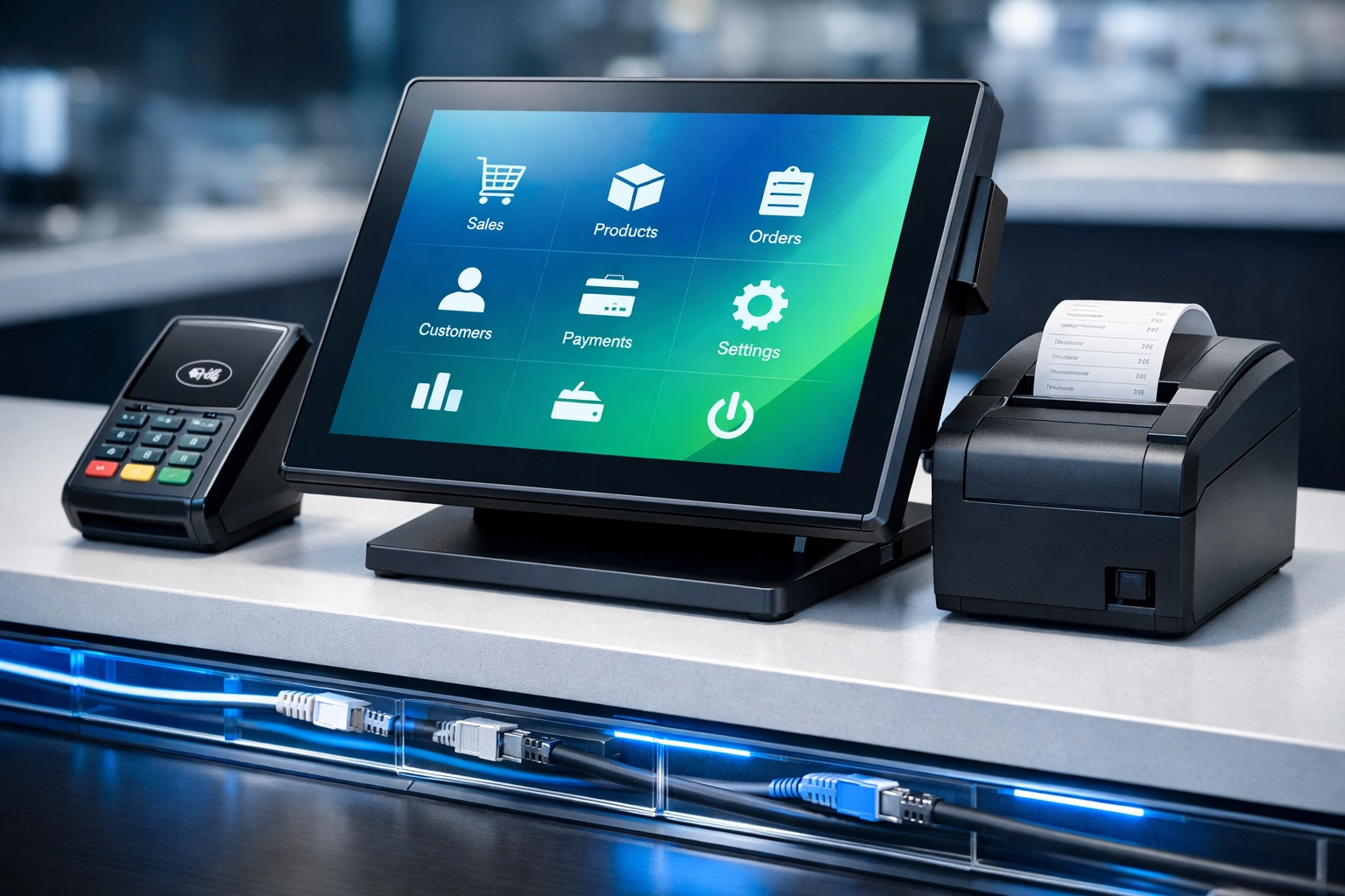 Modern POS terminal with card reader and receipt printer on retail checkout counter