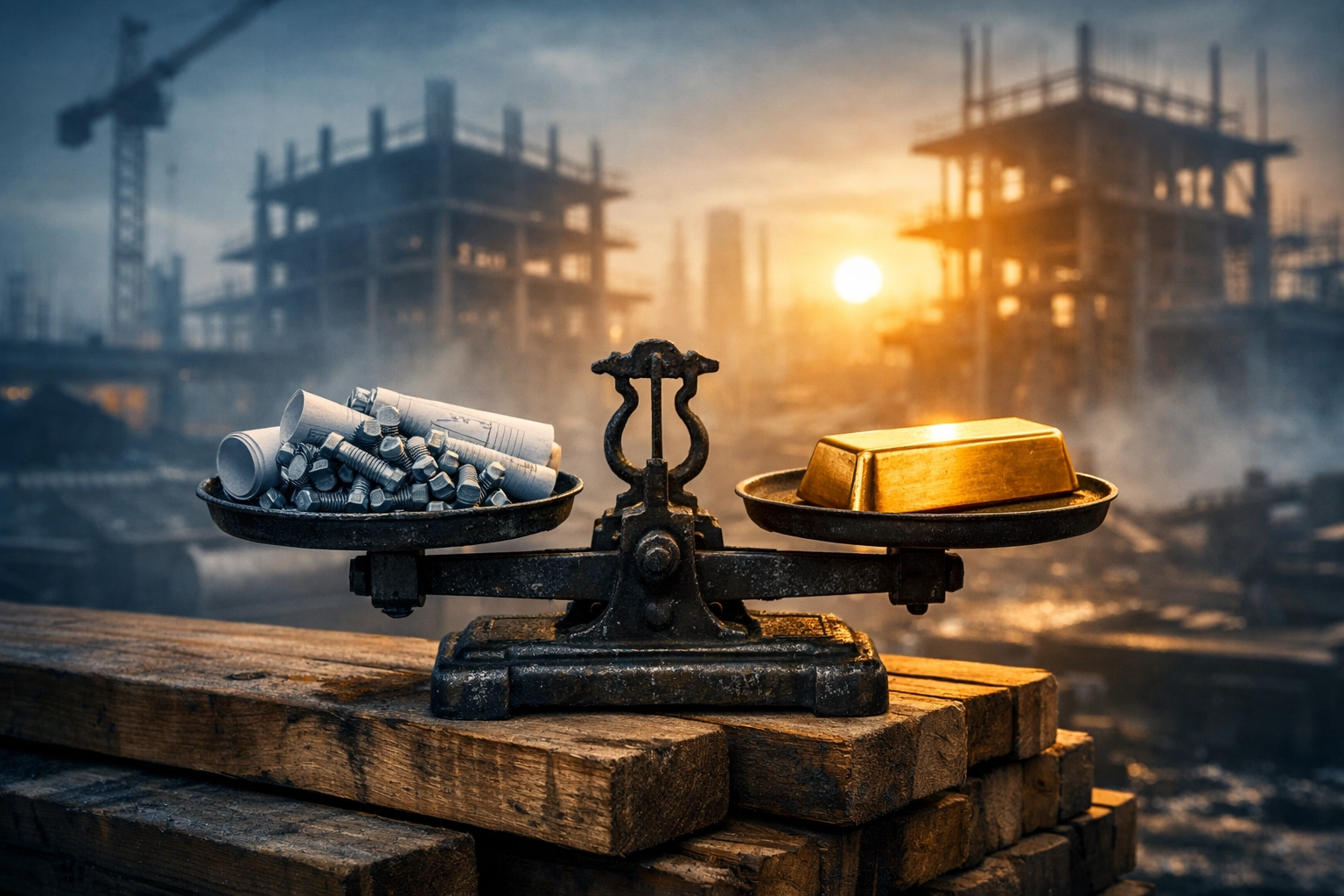 Balance scale weighing construction plans and a gold bar, representing accurate cost estimating and profit protection.