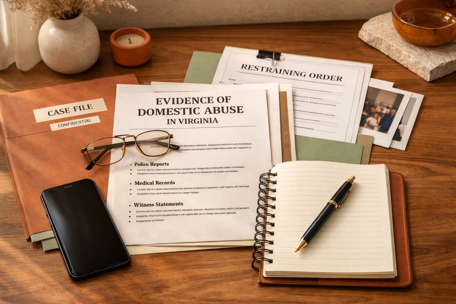 Organized legal documents, a notebook, and a phone used to document domestic abuse evidence in a Virginia family law case.