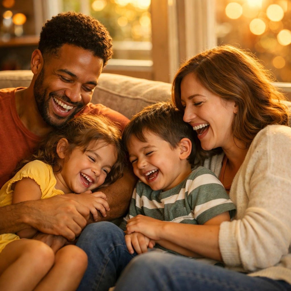 Happy family on couch protected by fast life insurance approval process