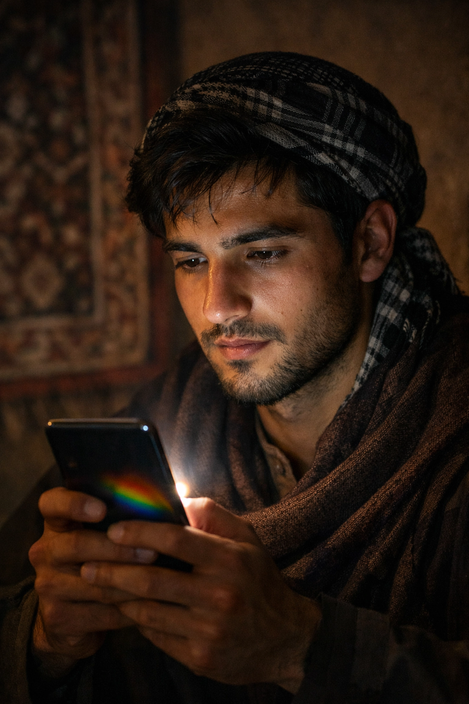 A man in Kabul using a smartphone to find connection, representing the digital underground for LGBTQ+ Afghans.