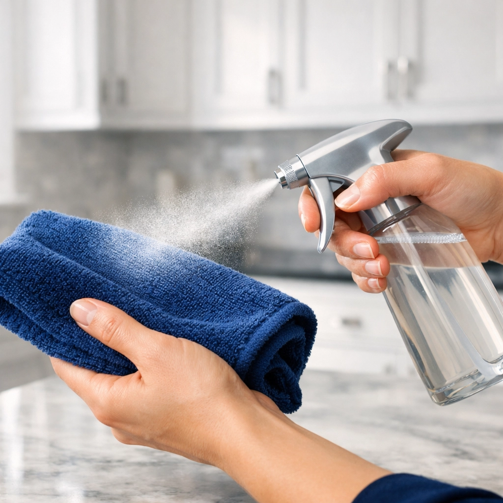 Applying cleaning solution to a microfiber cloth for professional house cleaning in Lowell MA.