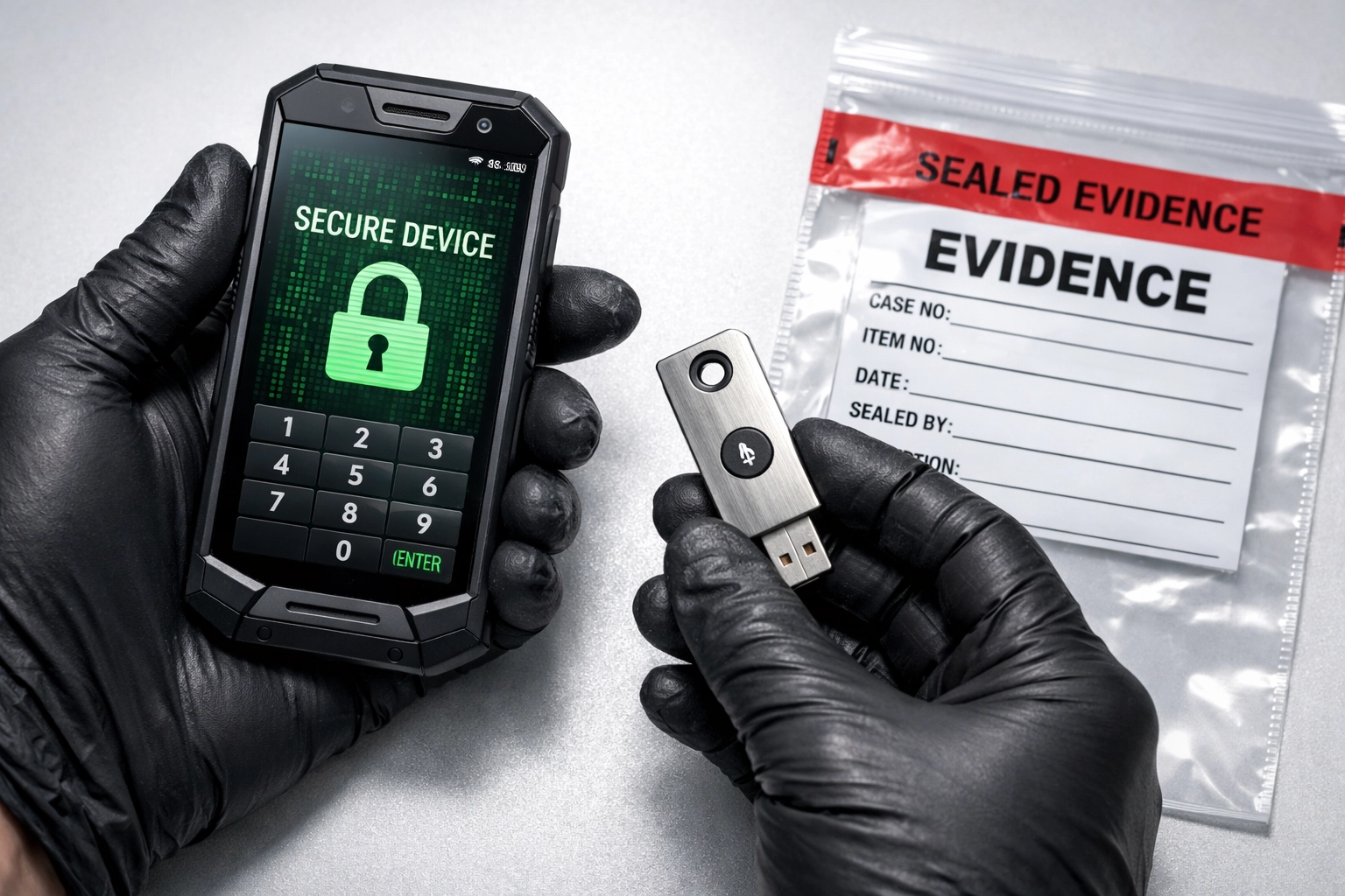 Investigator handling digital devices to ensure evidence integrity for corporate investigations in California.