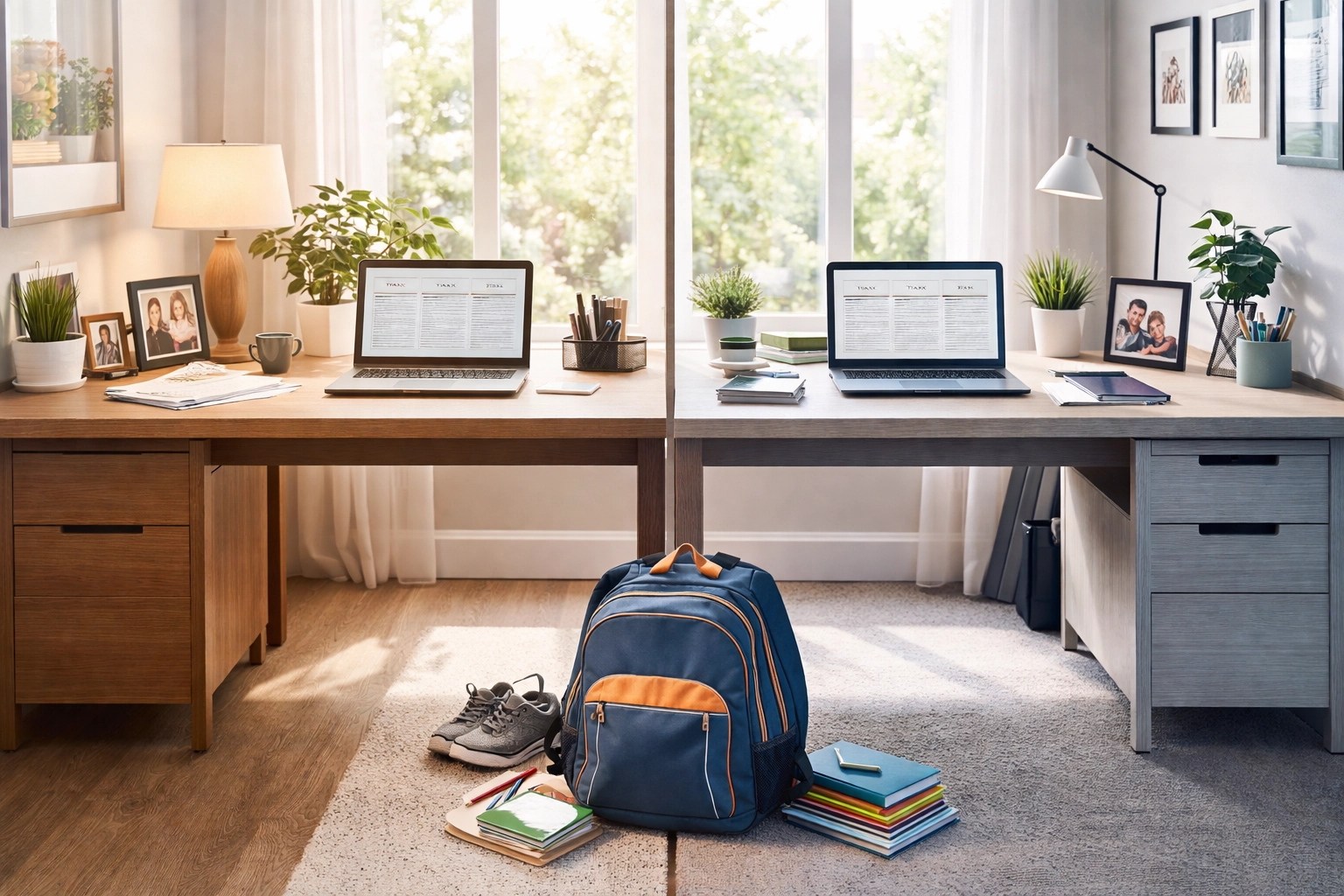 A modern home office split to show two households, symbolizing shared custody after divorce and tax dependency considerations.