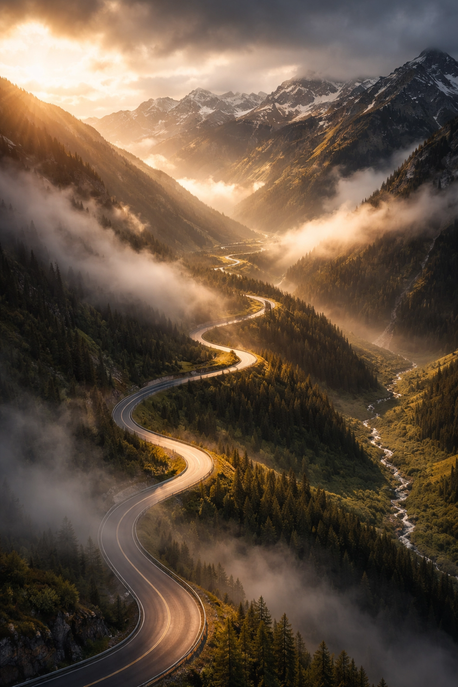 Winding mountain road in misty sunrise representing the challenges and opportunities of navigating hedge fund market volatility.