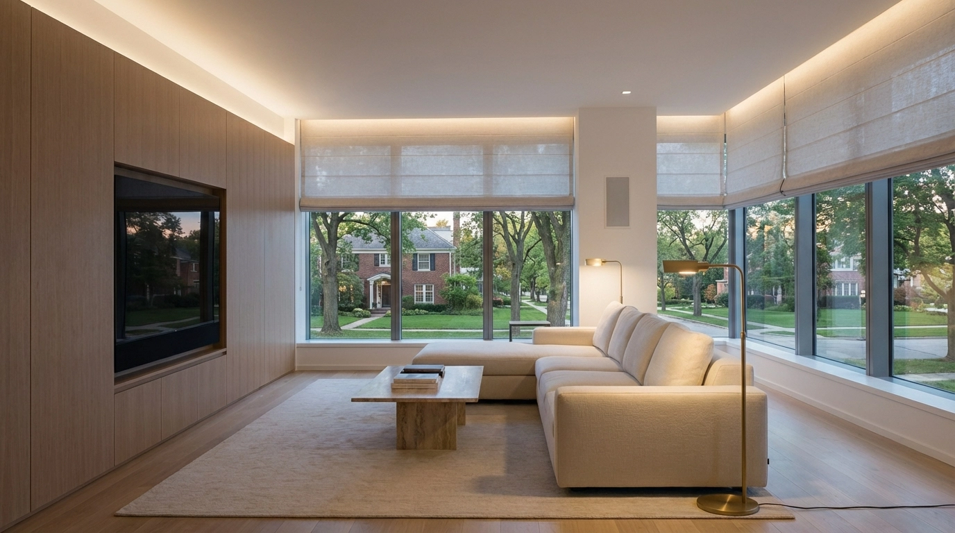 Contemporary North Shore living room showcasing seamless smart home technology and chic interior style.