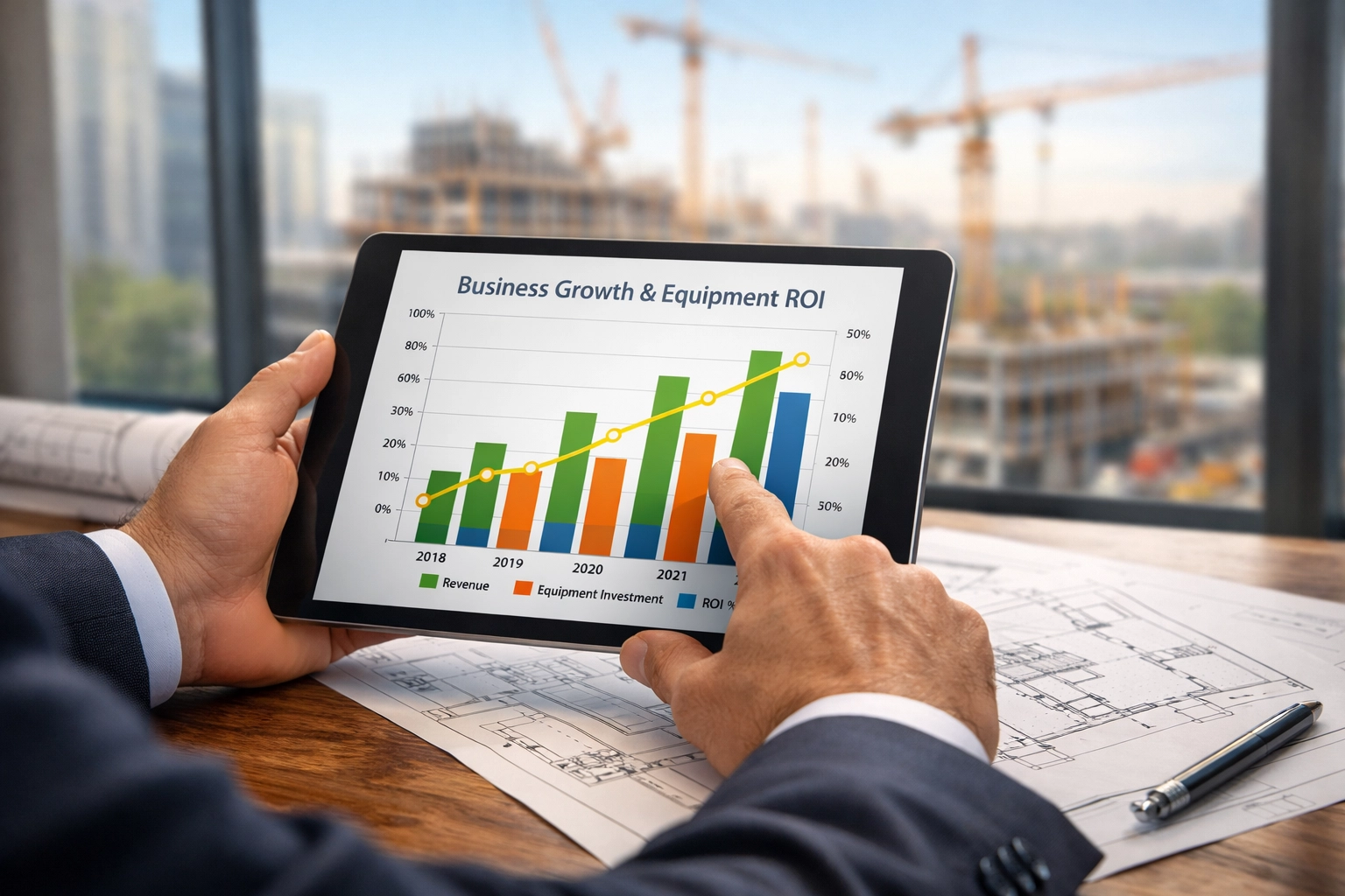 Business owner analyzing equipment ROI and growth charts for a construction infrastructure project.