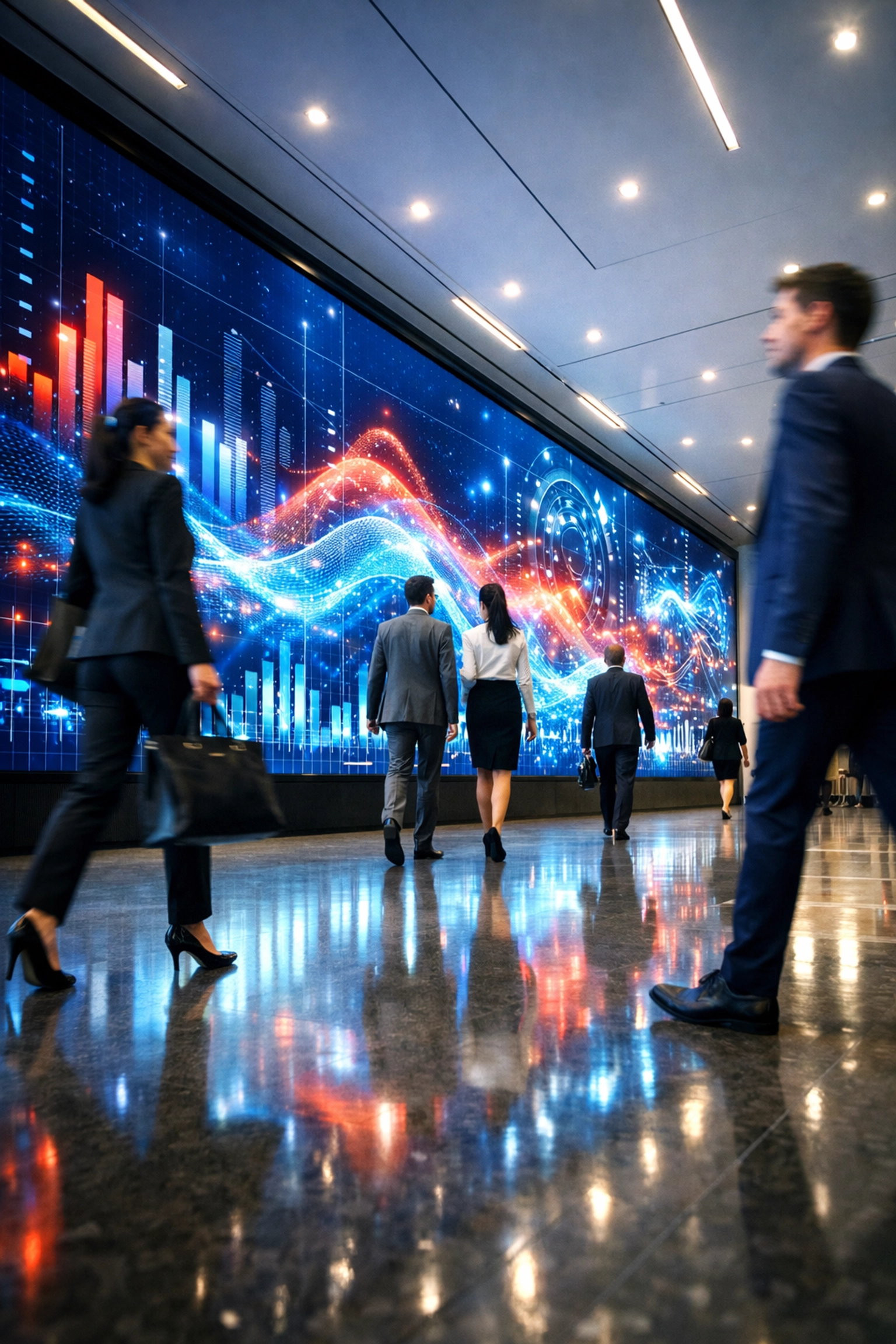 Tech-forward corporate lobby with a media wall showcasing the scaling of brand partnership strategies globally.