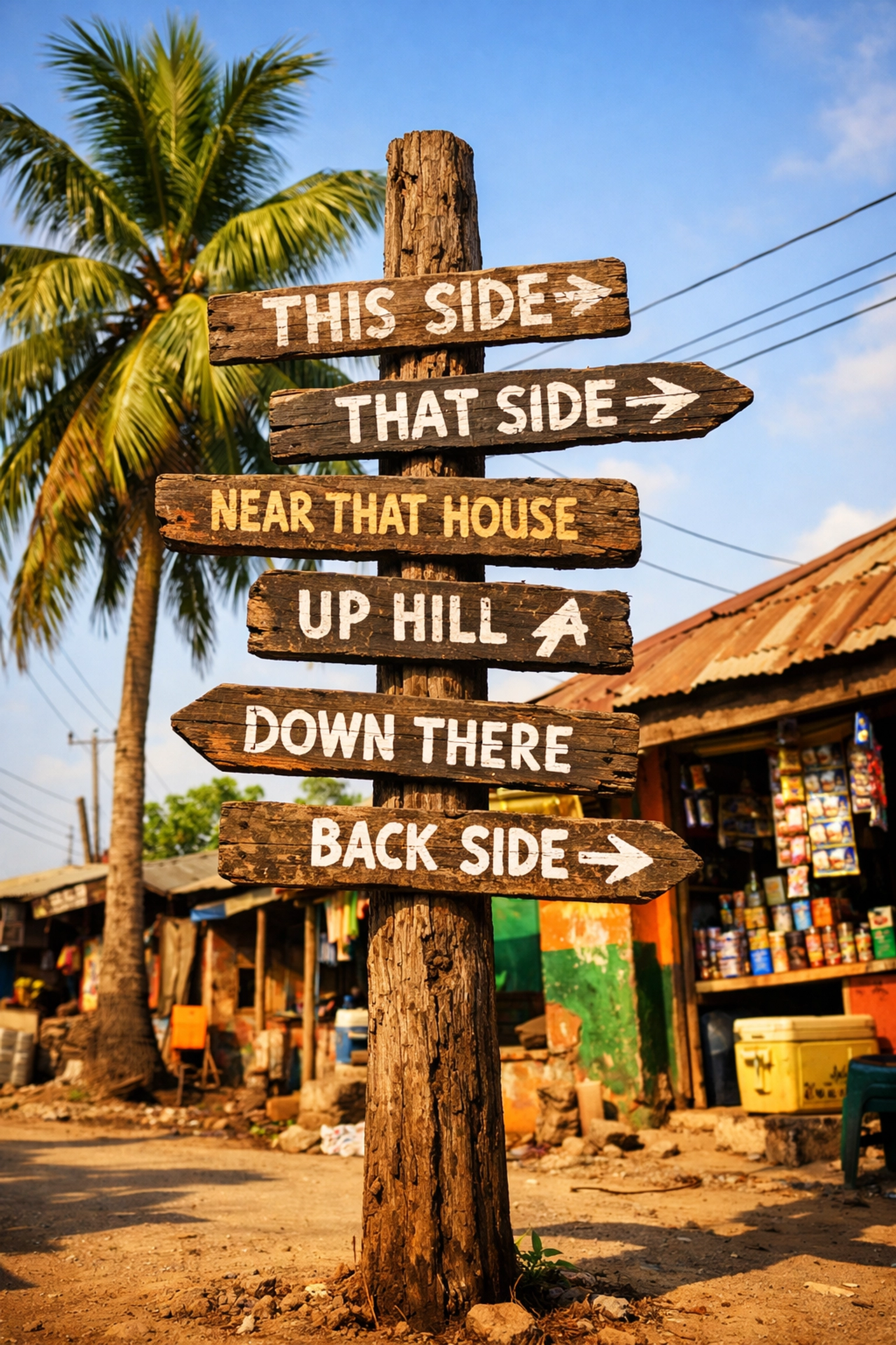 Informal street signpost in Nigeria showing challenging addressing system for door-to-door delivery