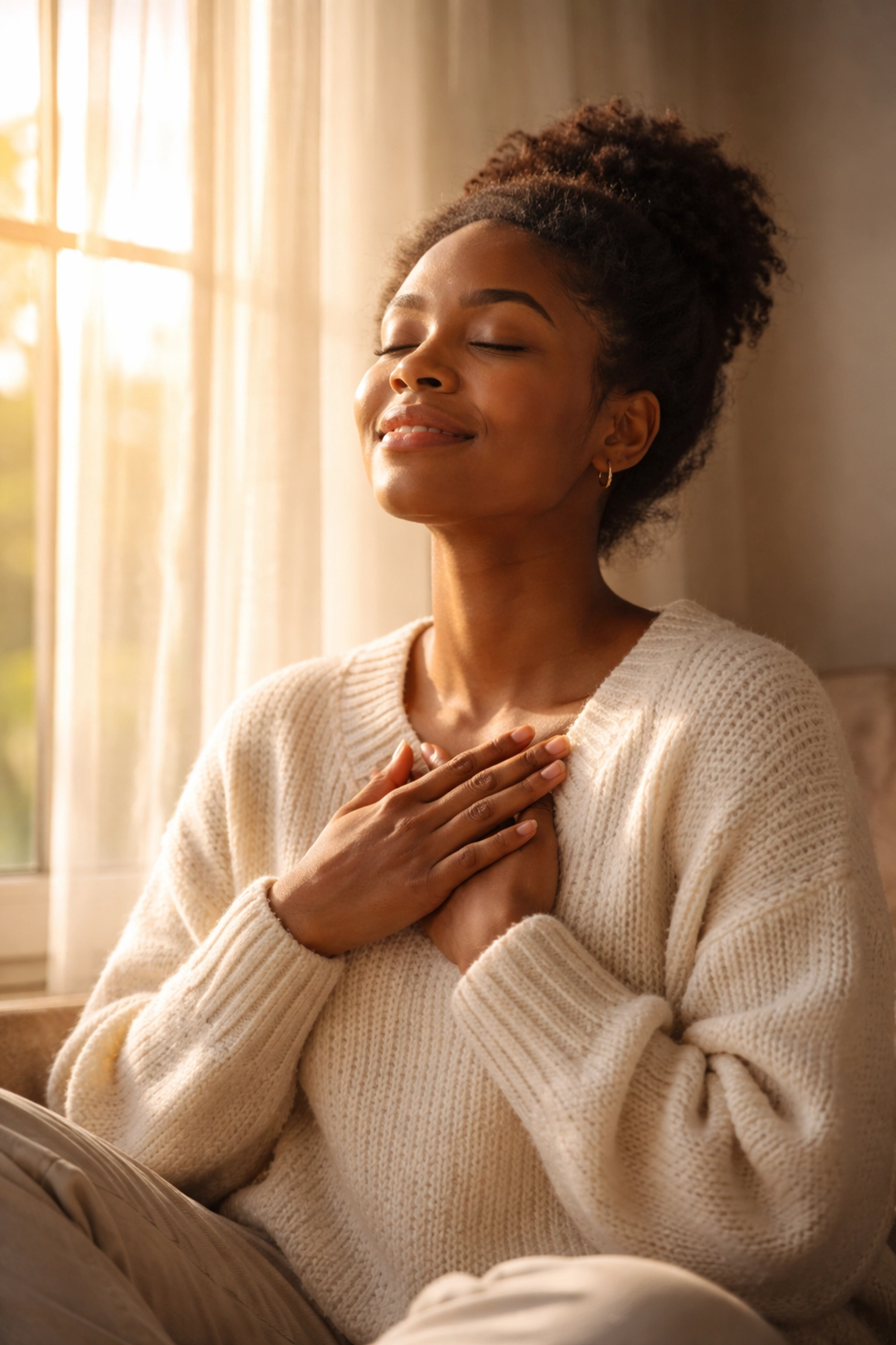 Young Black woman embracing morning light by a window, reflecting motivation and positive thinking