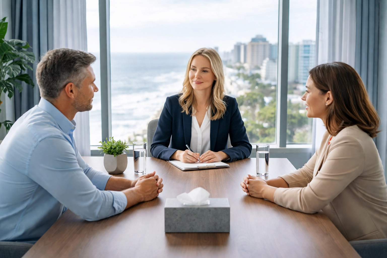 Child custody mediation session with parents and neutral mediator in a professional Virginia Beach office