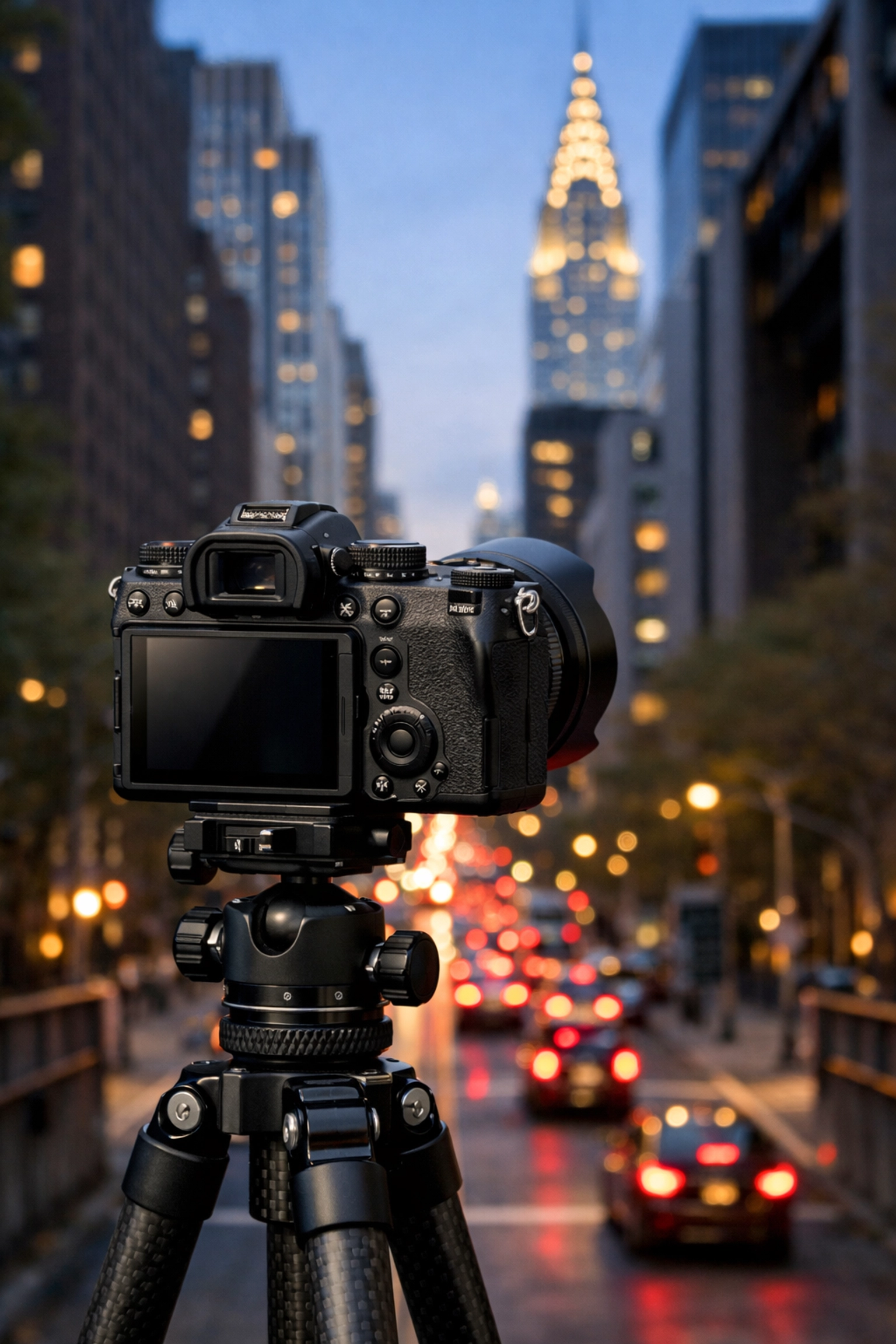 Professional camera on a tripod at Tudor City Overpass, a prime NYC photography location with Chrysler Building views.