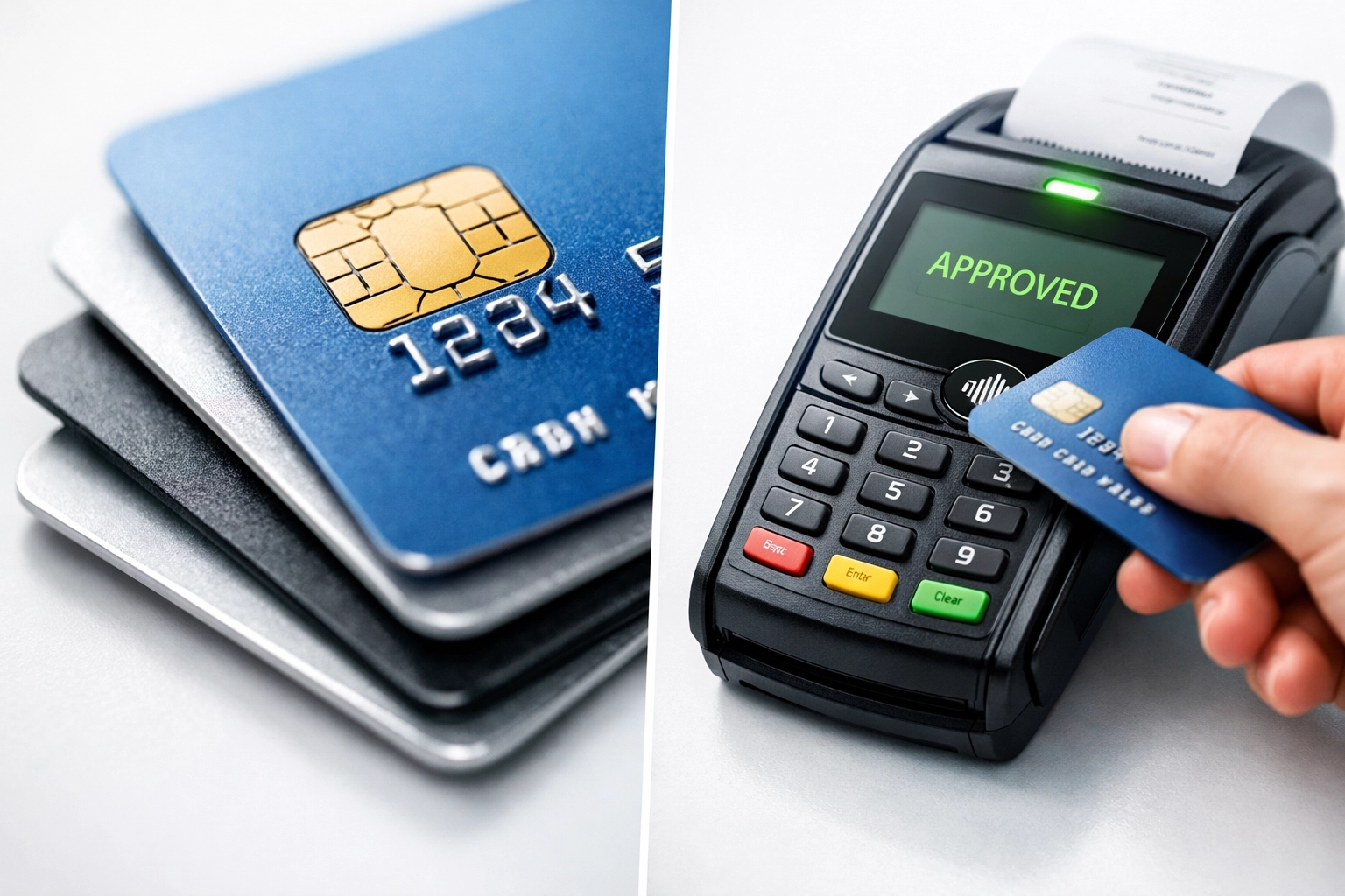 Credit cards and payment terminal showing merchant processing and consumer credit