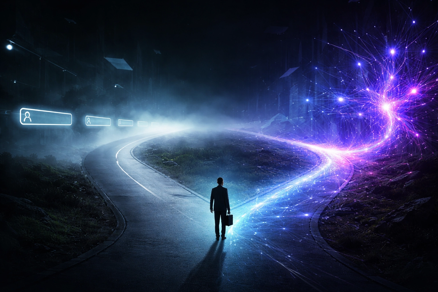 Illustration of a business owner choosing between traditional SEO and AI-optimized search strategies.