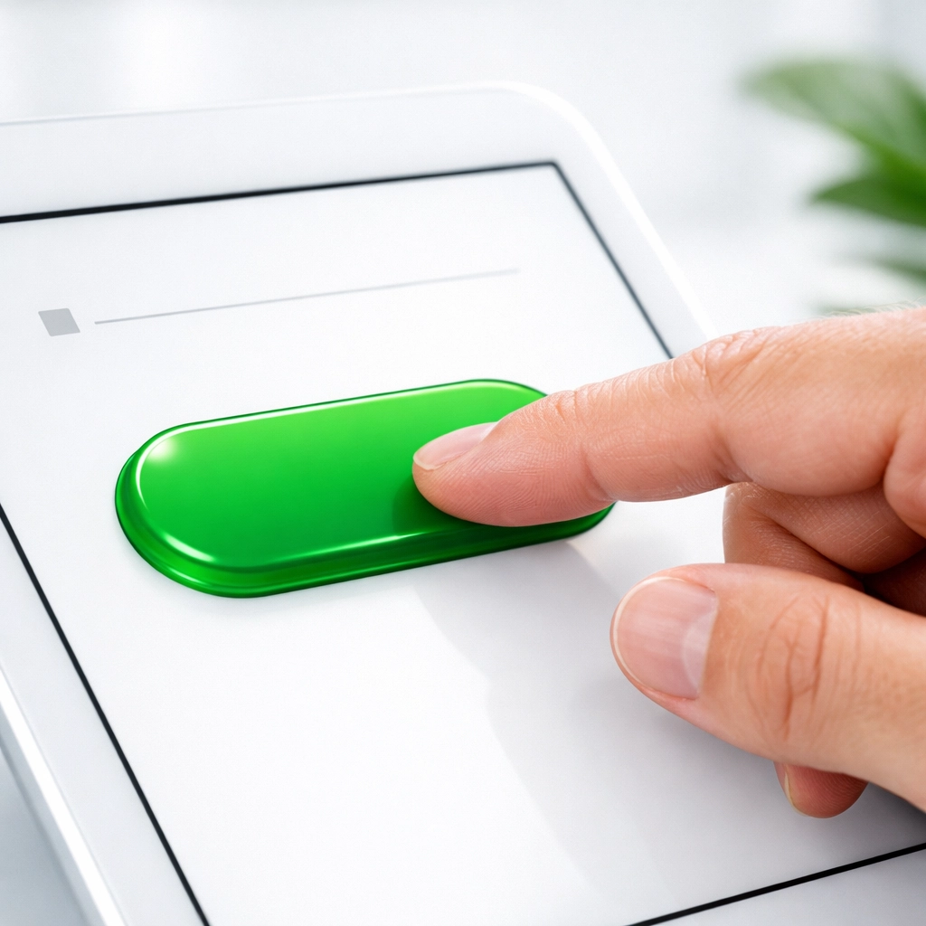 Close-up of a hand clicking a green button on a tablet, showcasing a clear call-to-action.