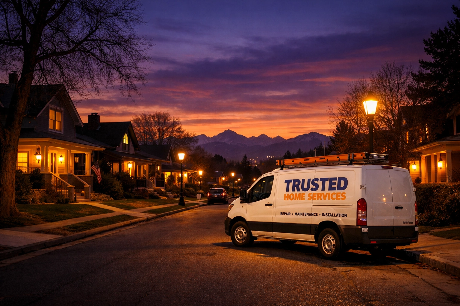 Denver Sewer Pros service van parked on a residential street at sunset, representing local sewer expertise.