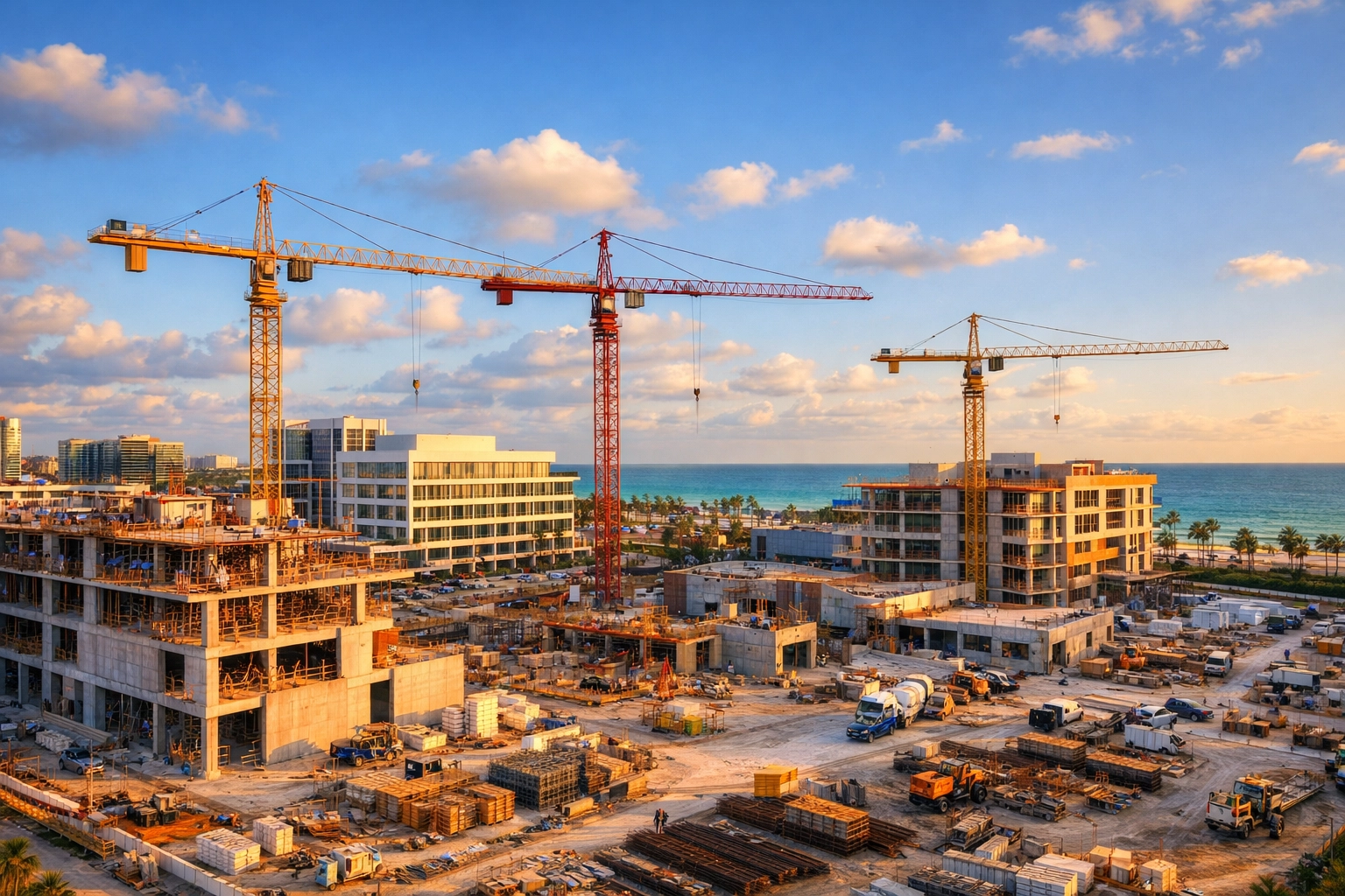 Aerial view of active South Florida commercial construction sites with cranes and buildings