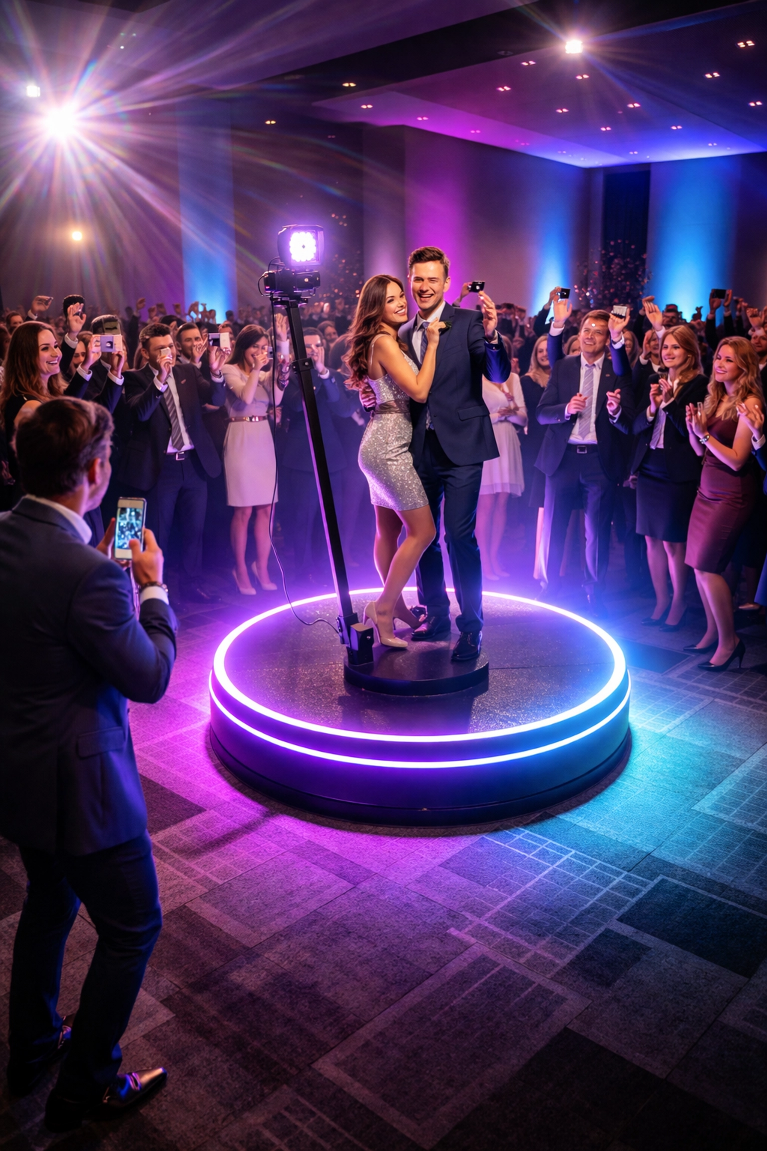 Corporate event guests interacting around a modern 360 photo booth with vibrant LED lighting and branded uplighting.