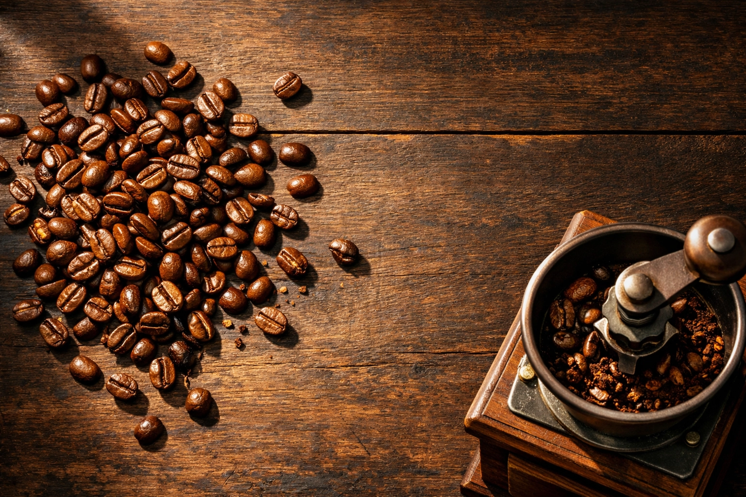 Fresh roasted coffee beans with burr grinder for home brewing