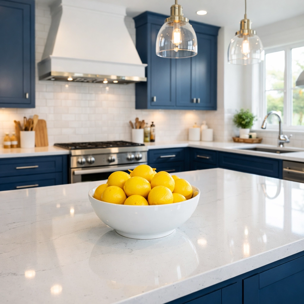 Spotless modern kitchen in Lincoln MA with white quartz countertops after a professional standard cleaning.