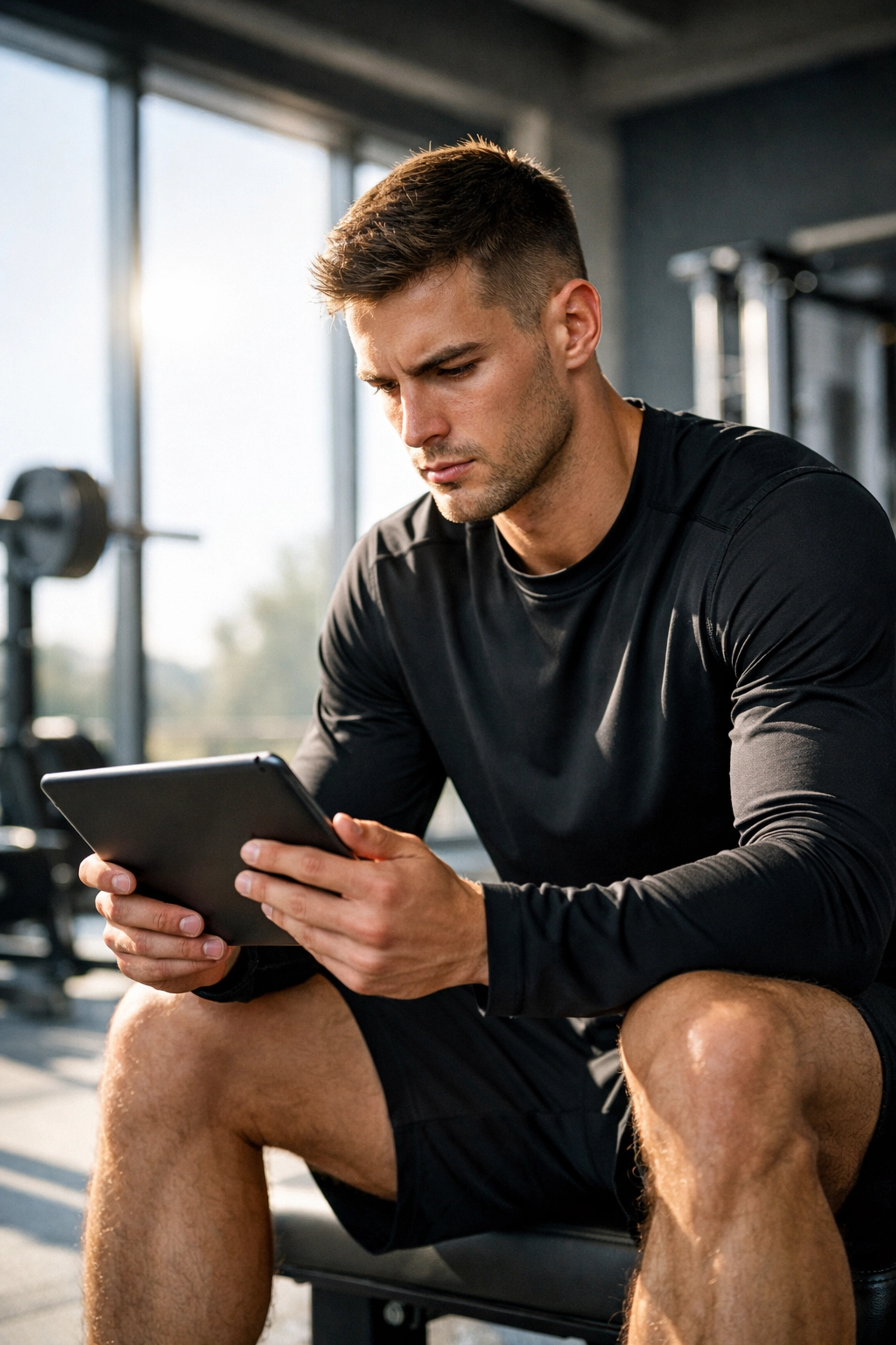 NIL athlete reviewing digital content in a training facility to build pre-game brand engagement.