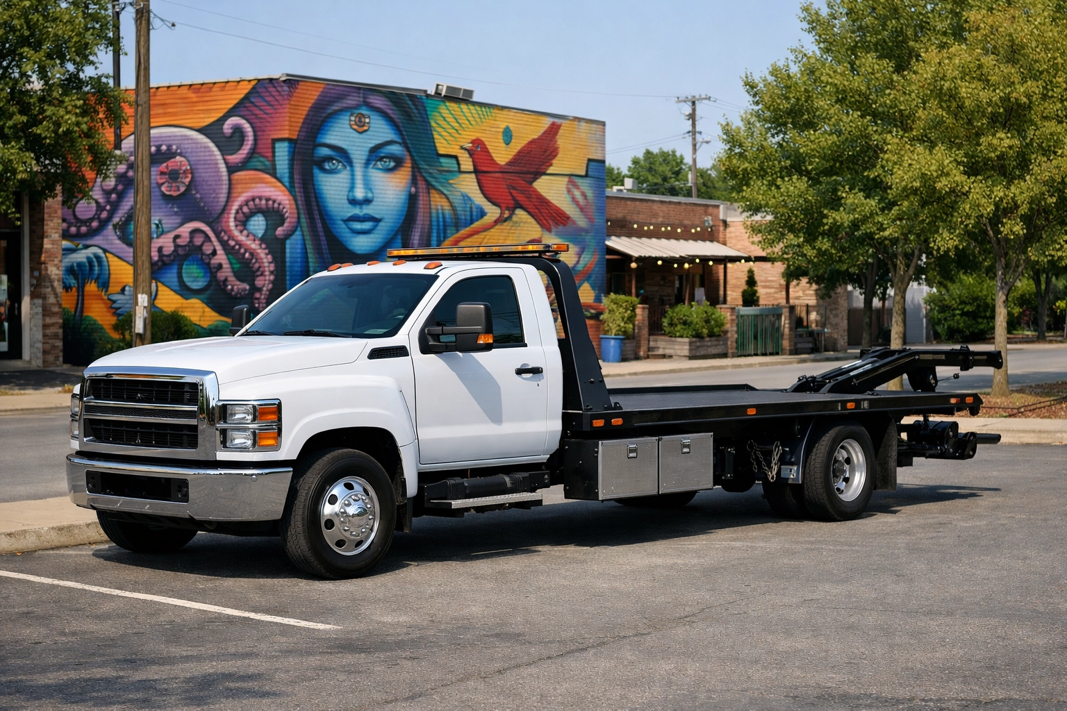 A white tow truck in a NoDa parking lot, illustrating predatory towing risks in Charlotte NC neighborhoods.