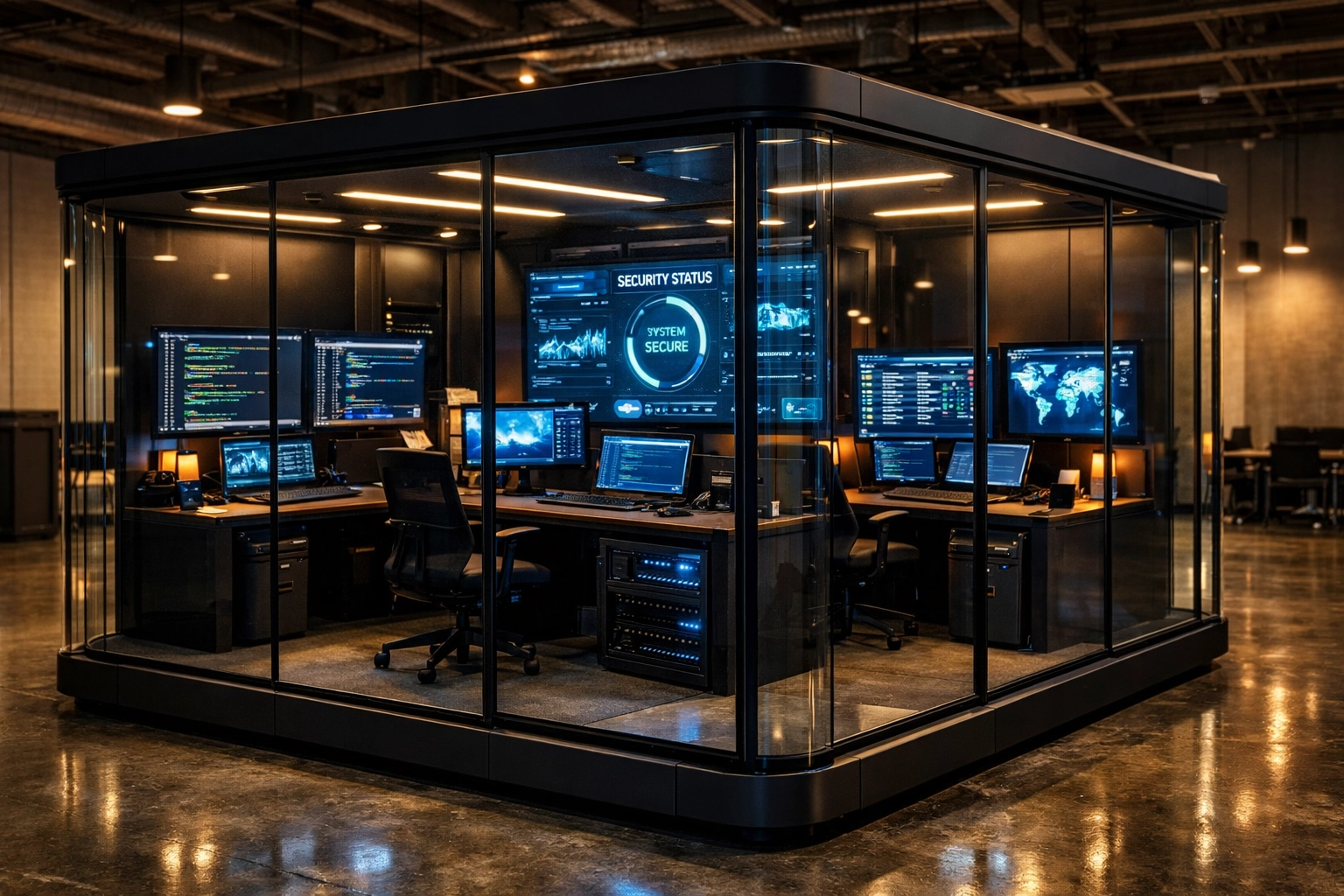 Modular workspace pod with specialized workstations in modern training facility