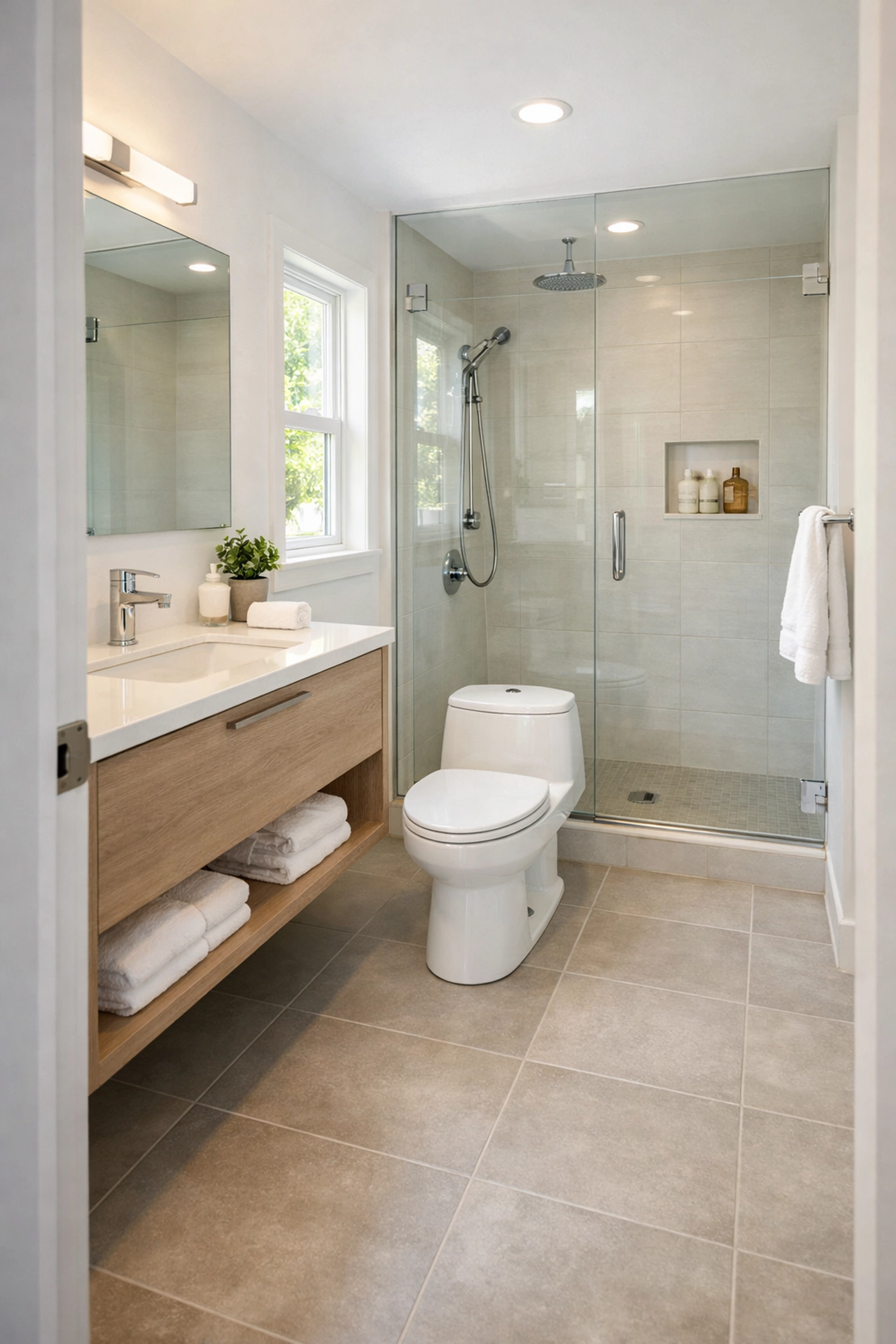 Modern Gainesville bathroom remodel with proper fixture spacing and layout clearances