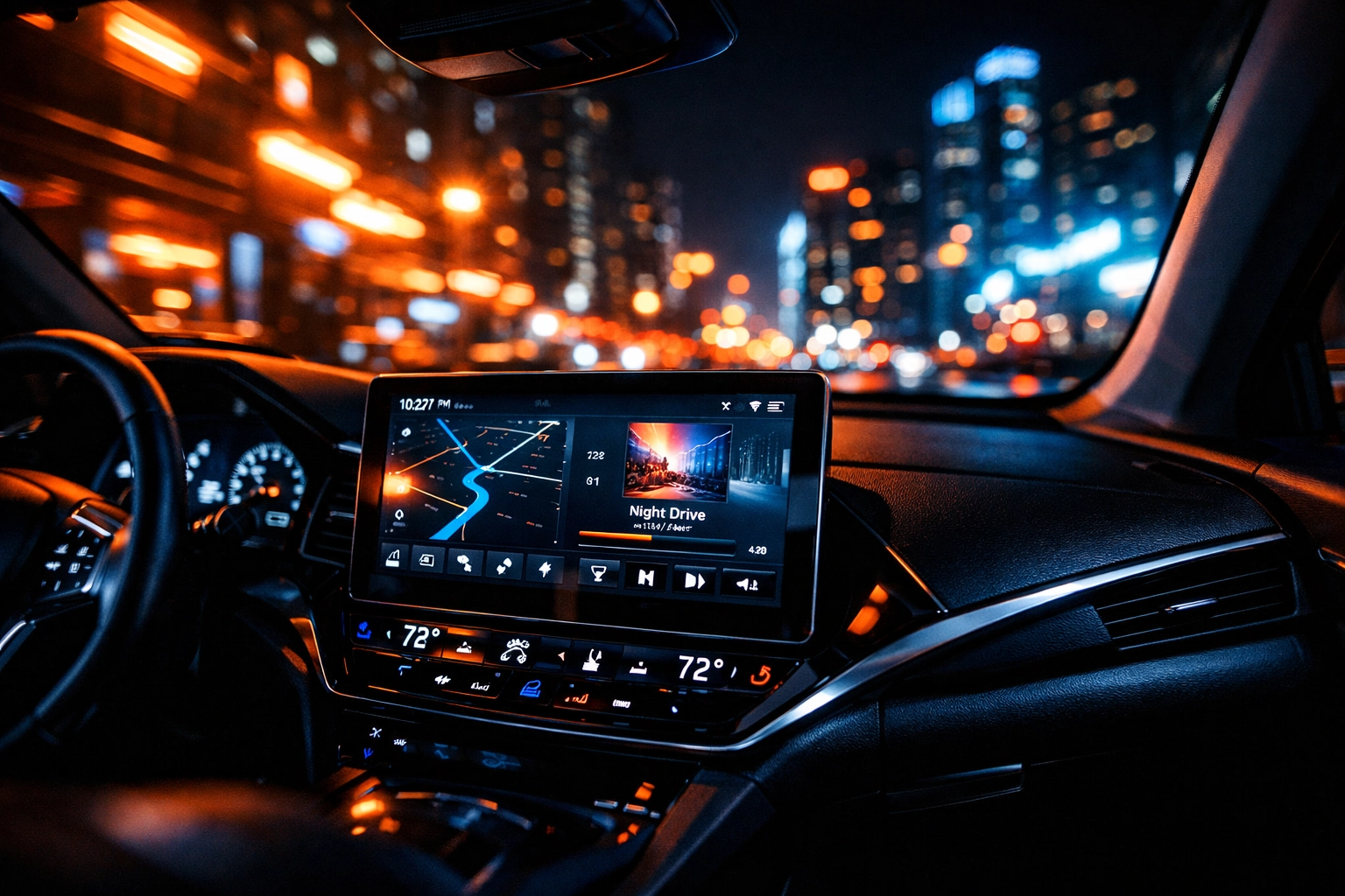 Professional radio repair in Chattanooga showing a sleek car touchscreen and infotainment system.