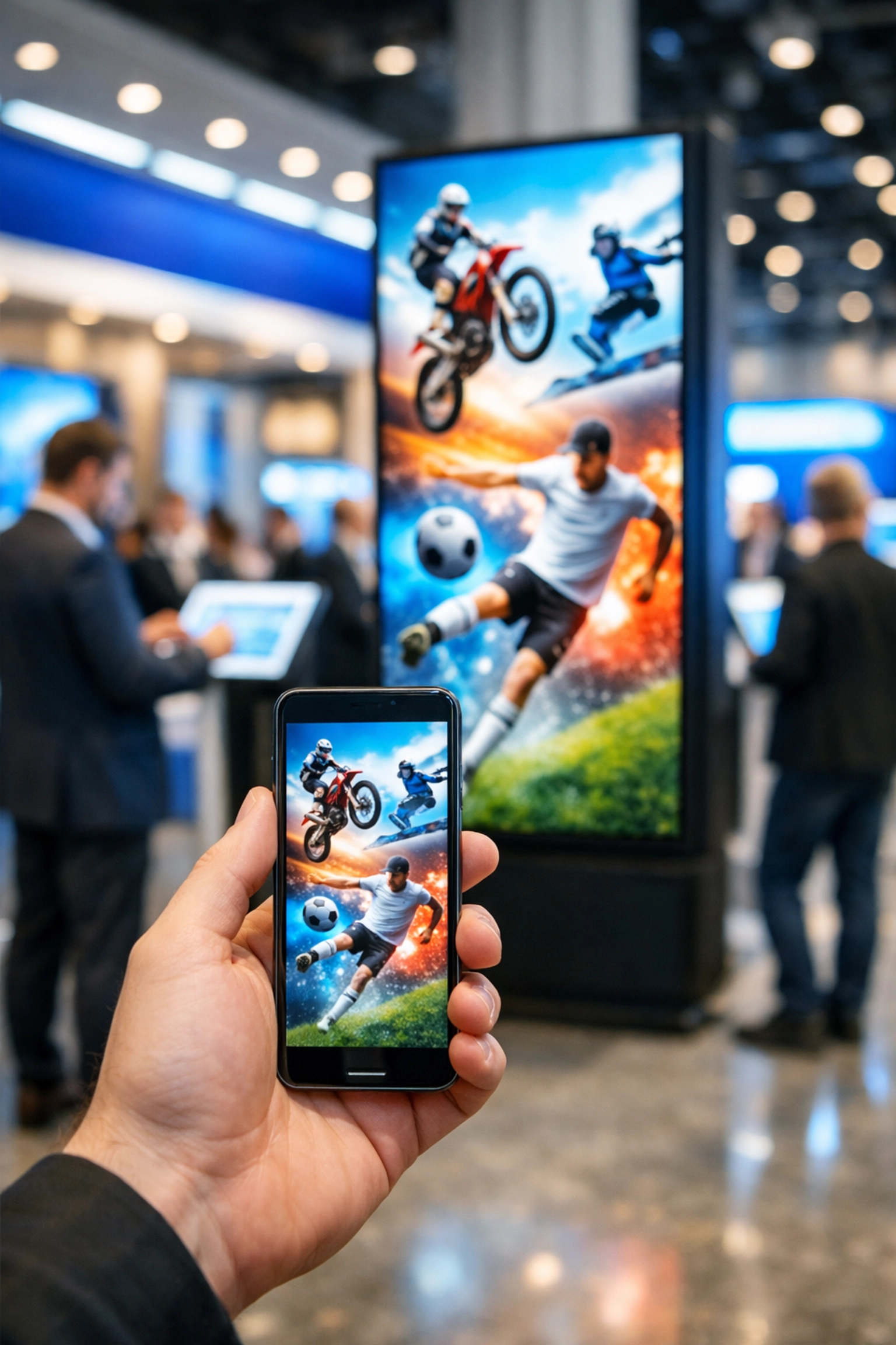 Digital sponsorship activation with interactive signage and smartphone integration at a media event.