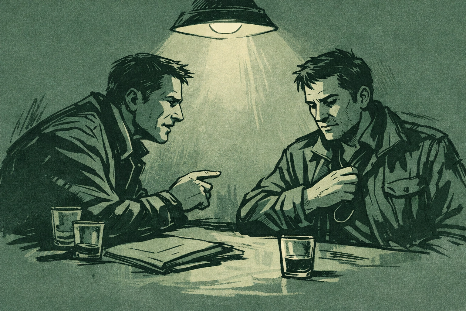 Undercover agent and target in tense conversation illustrating deception in MM crime romance