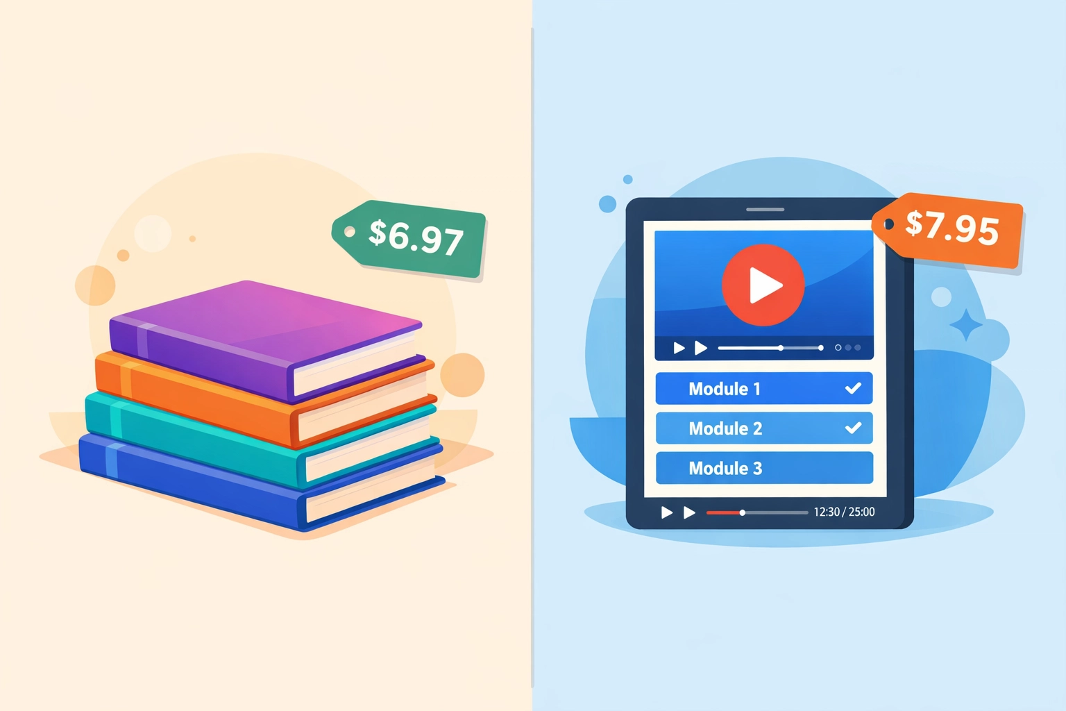 Comparison of ebooks priced at $6.97 and video courses at $7.95 for selling online