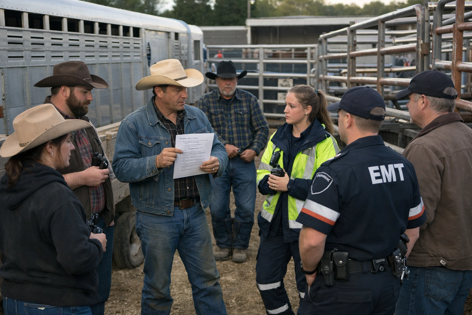 Volunteers and EMTs briefing on emergency plans behind a rodeo arena at a Canadian fair.