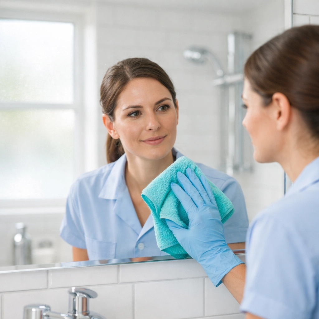 Cleaning professional examining bathroom mirror during quality inspection re-clean visit
