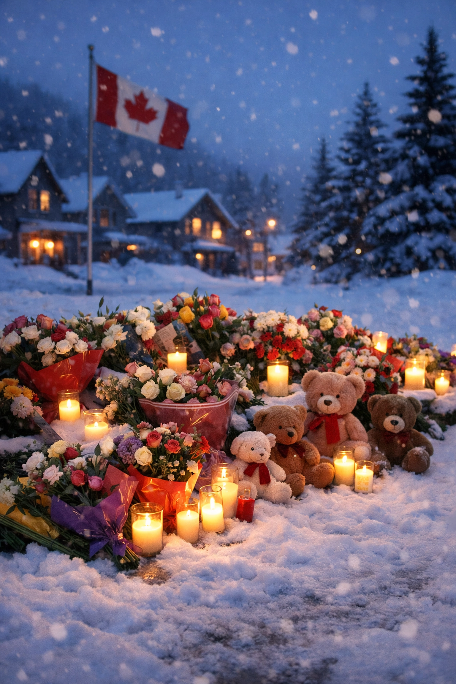 Memorial with flowers, candles and teddy bears in snow at Tumbler Ridge Secondary School