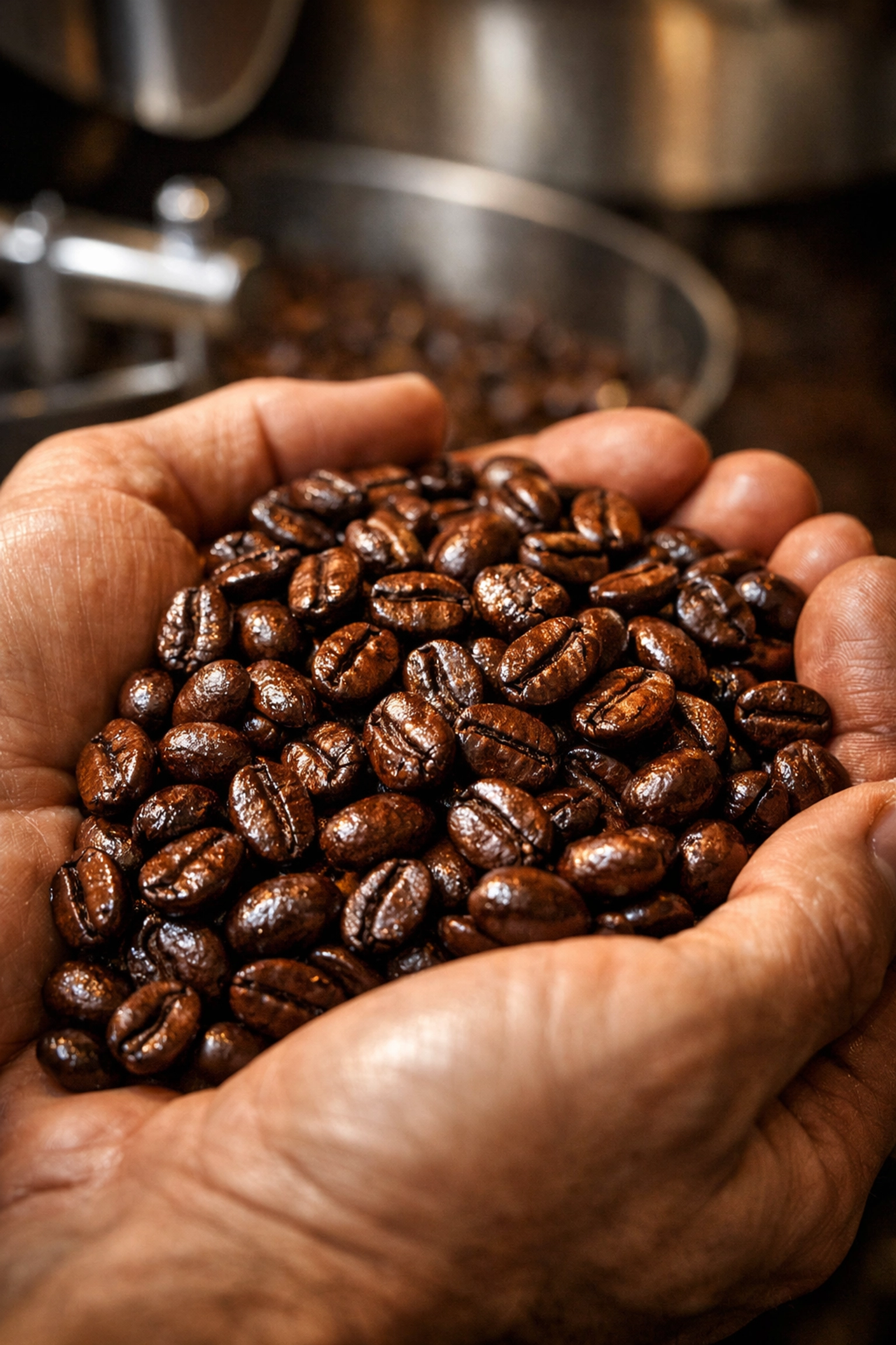 Freshly roasted speciality coffee beans held in artisan hands, highlighting quality for UK dropshippers.