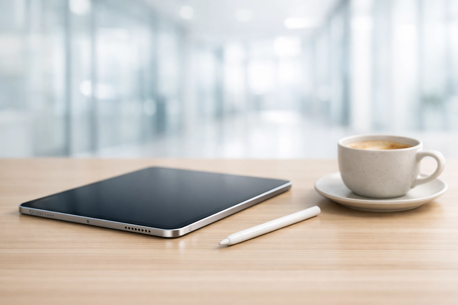 Tablet on an office desk representing tech-driven facility management and efficient property maintenance scaling.