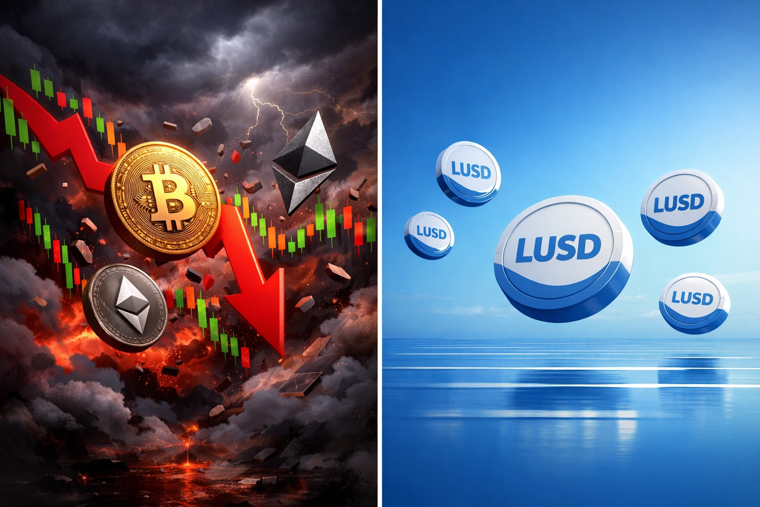 Volatile Bitcoin and Ethereum price charts compared to stable LUSD stablecoin payments for merchants