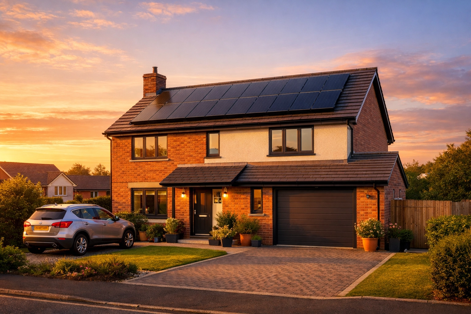 Sleek black solar panels on a modern UK house at sunset, highlighting long-term system reliability.