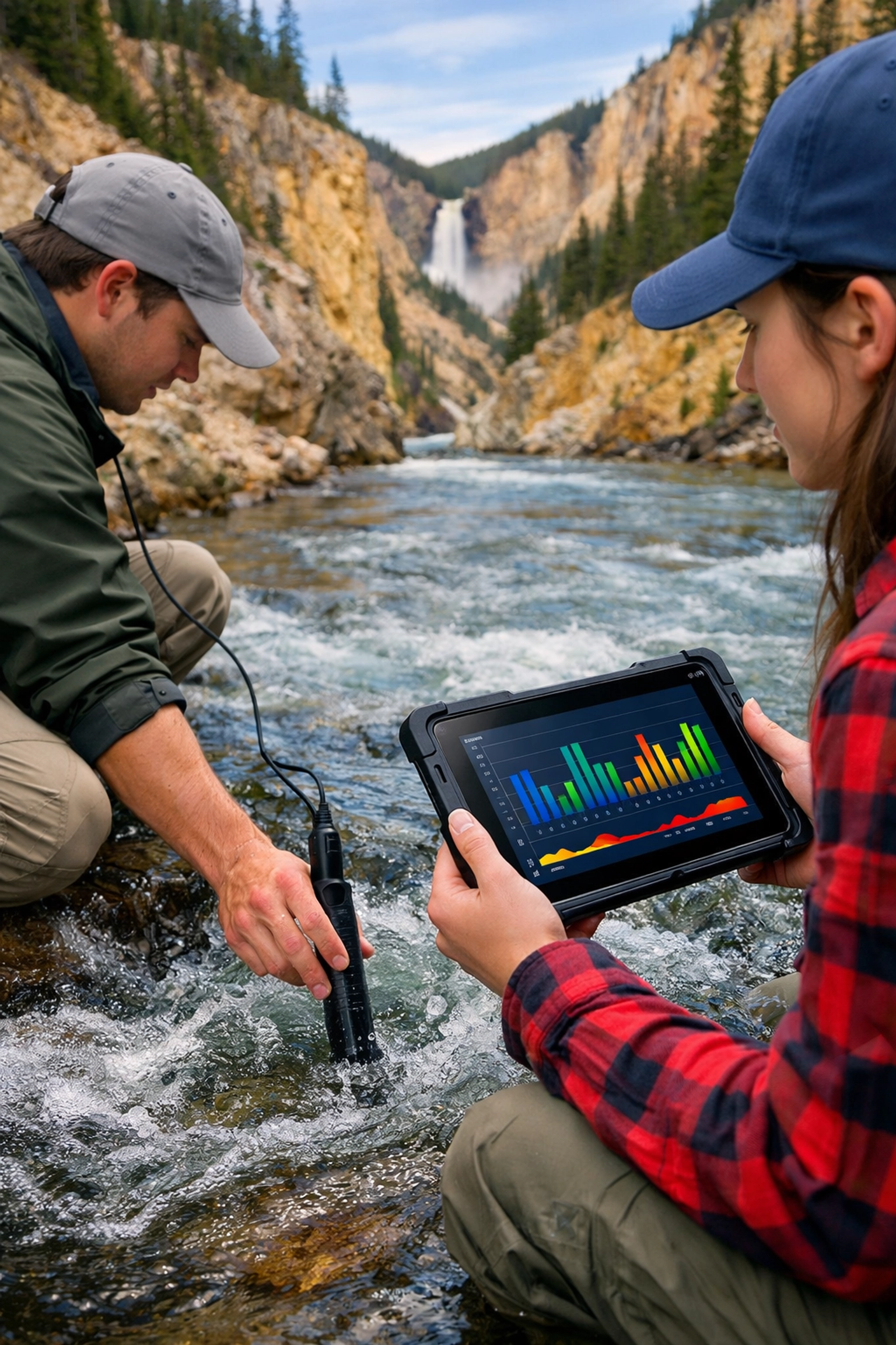Students using a water quality probe to collect scientific data during a Yellowstone conservation student travel program.