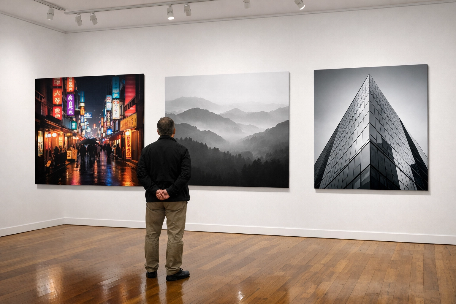 Art gallery wall showing diverse photography styles learned through a professional photography school curriculum.